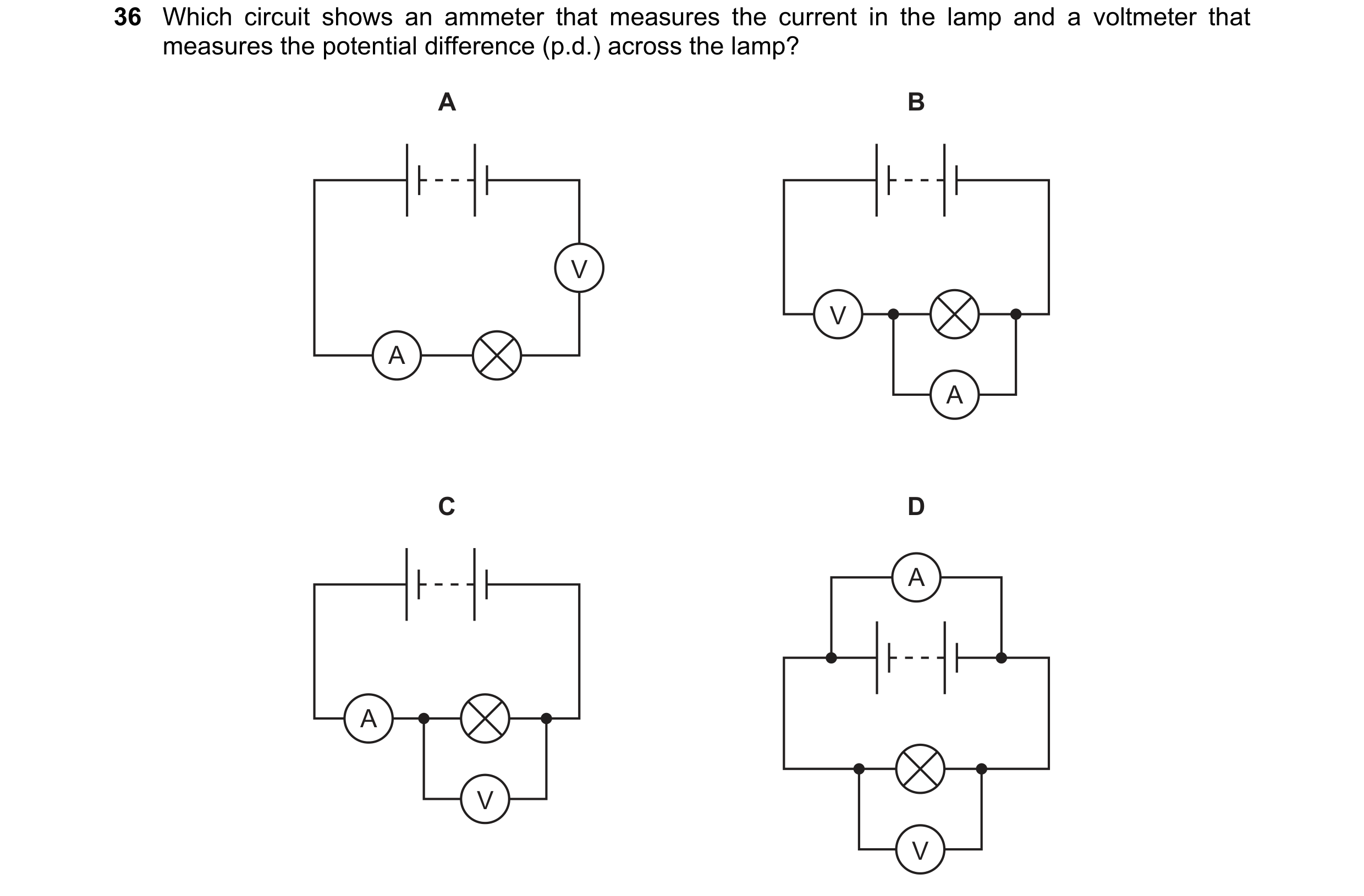 Question 88: Which circuit shows an ammeter that measures the current in the lamp and a voltmeter that measures the potential difference (p.d.) across t…
