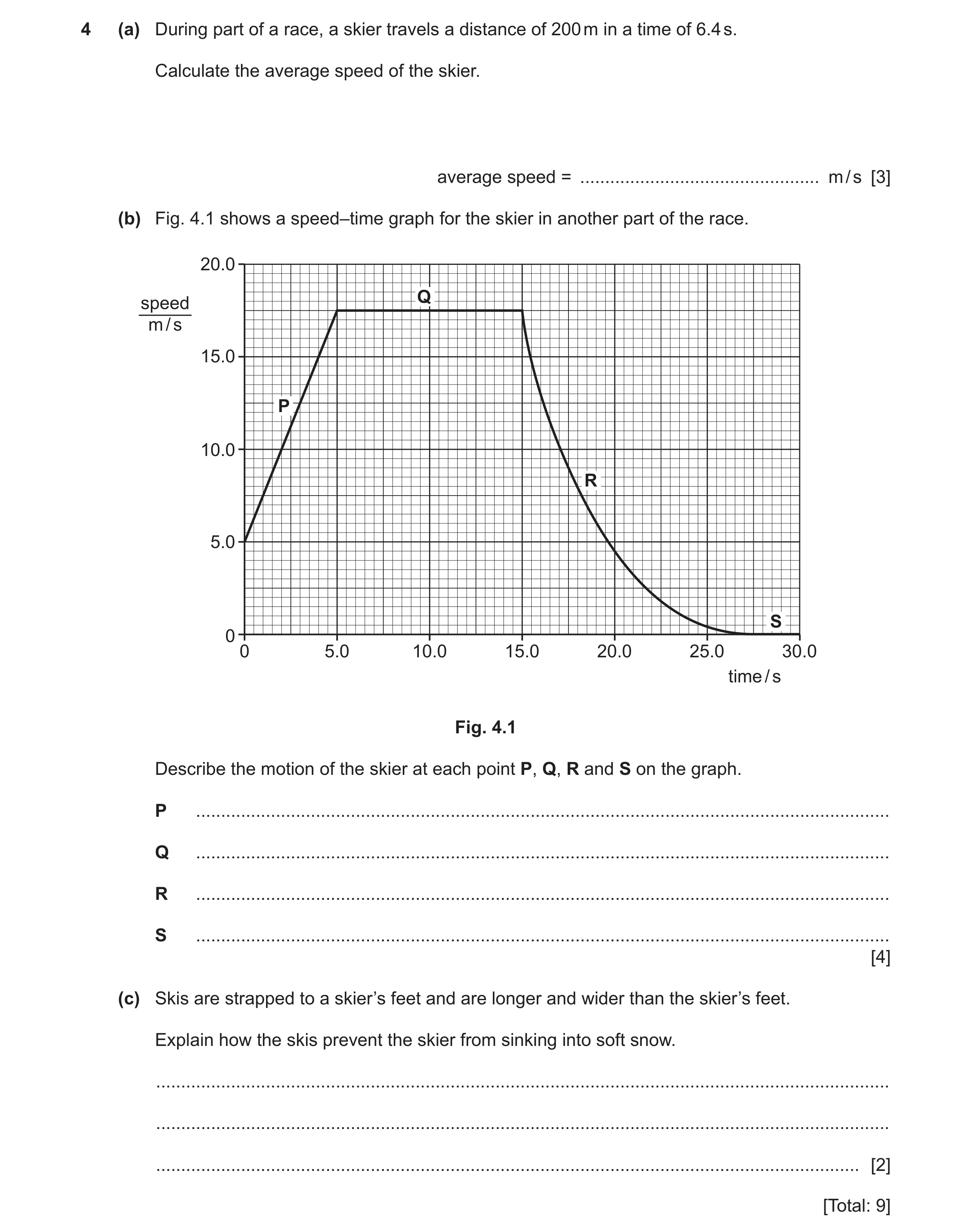 Question 26: (a) During part of a race, a skier travels a distance of 200 m in a time of 6.4 s. Calculate the average speed of the skier. average speed …