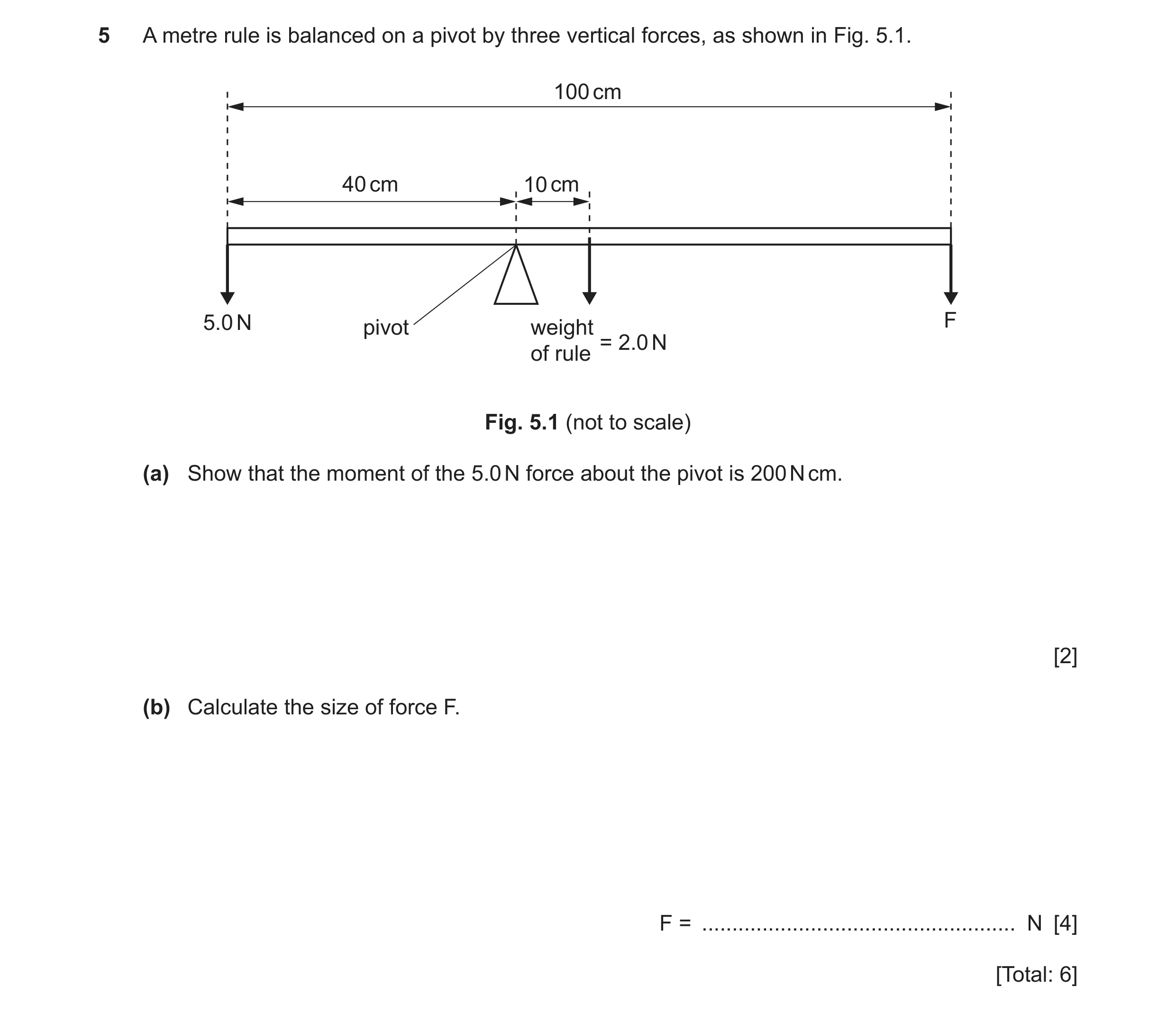 Question 29: A metre rule is balanced on a pivot by three vertical forces, as shown in Fig. 5.1. 100 cm 40 cm 10 cm 5.0 N pivot weight F = 2.0 N of rule…