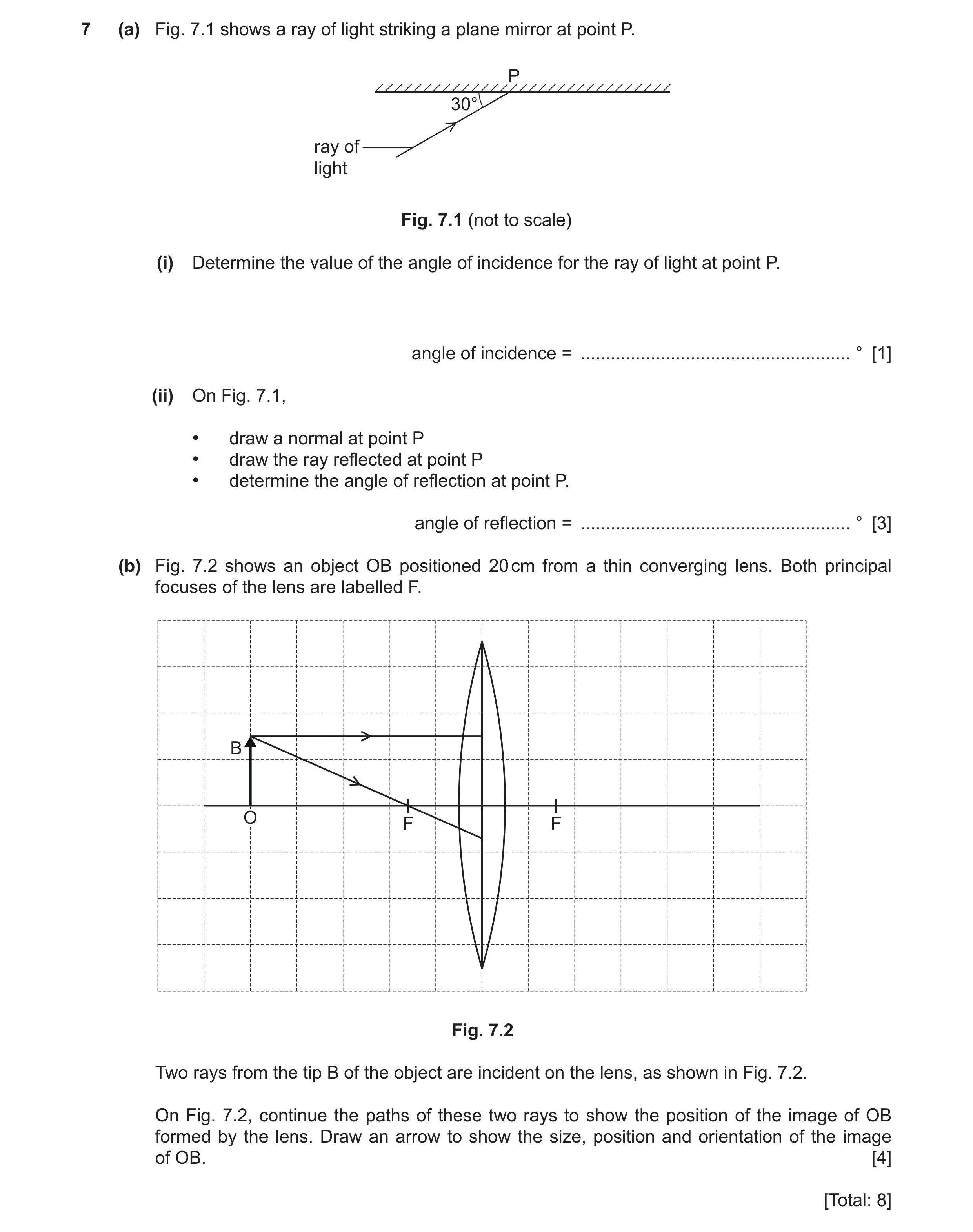 Question 20: (a) Fig. 7.1 shows a ray of light striking a plane mirror at point P. P 30° ray of light Fig. 7.1 (not to scale) (i) Determine the value of…