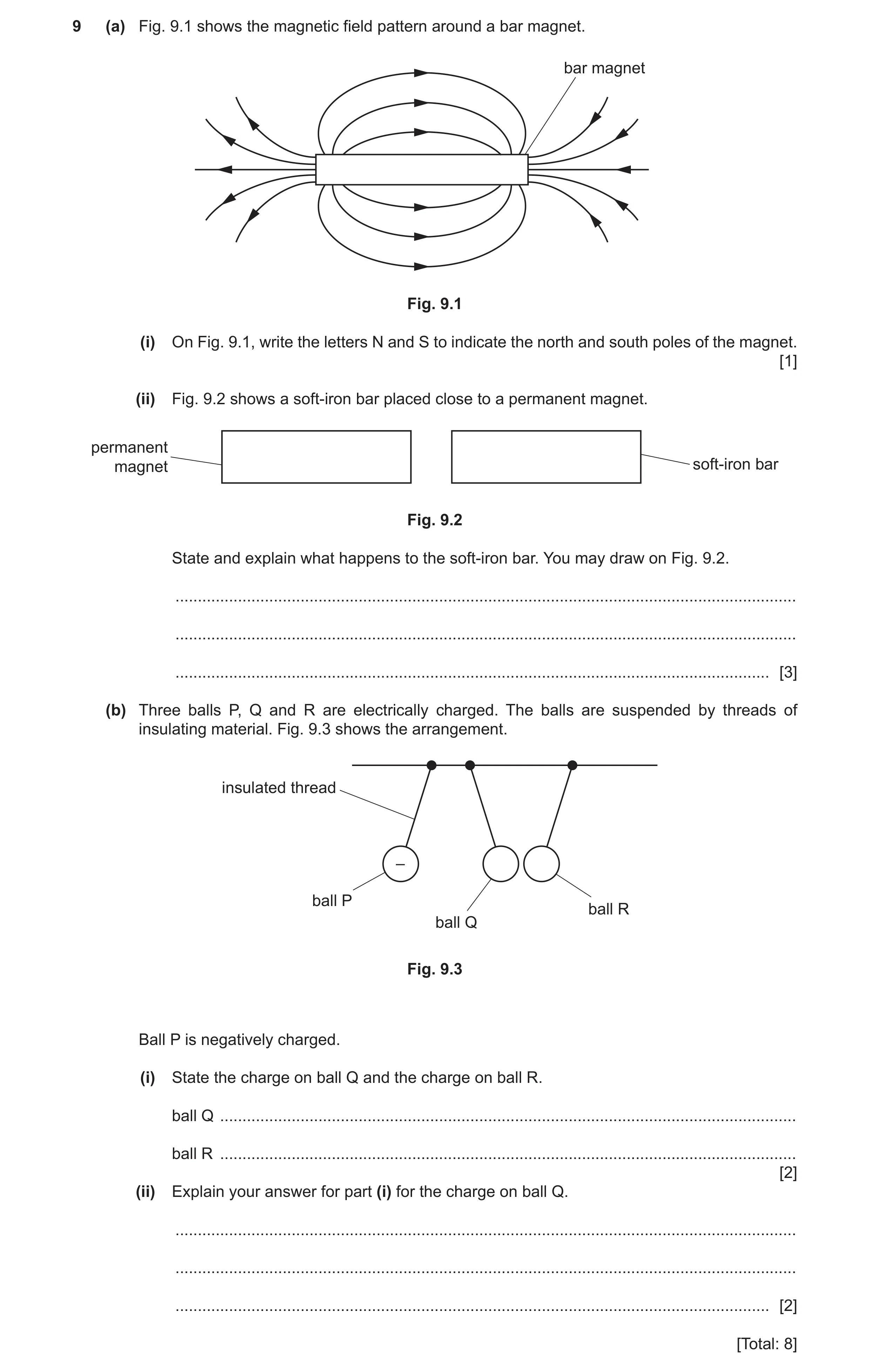 Question 19: (a) Fig. 9.1 shows the magnetic field pattern around a bar magnet. bar magnet Fig. 9.1 (i) On Fig. 9.1, write the letters N and S to indica…