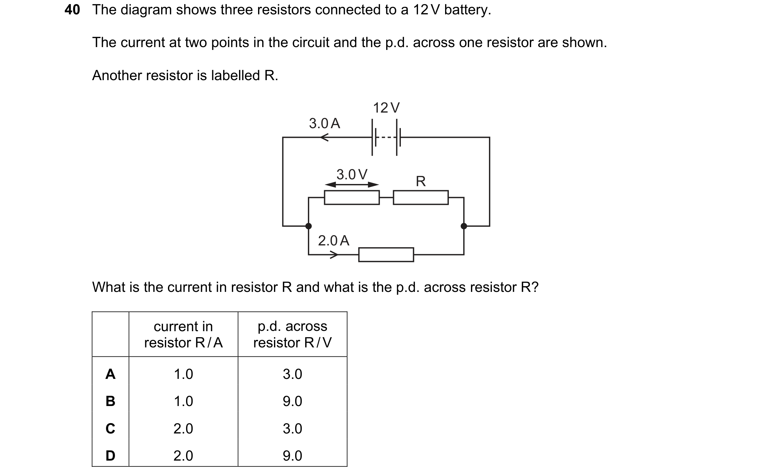 Question 9: The diagram shows three resistors connected to a 12 V battery. The current at two points in the circuit and the p.d. across one resistor ar…