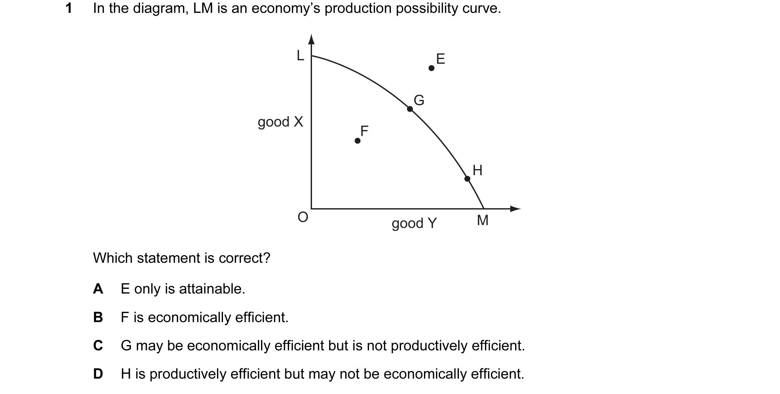 Question 8: In the diagram, LM is an economy’s production possibility curve. L E G good X F H O good Y M Which statement is correct? A E only is attain…