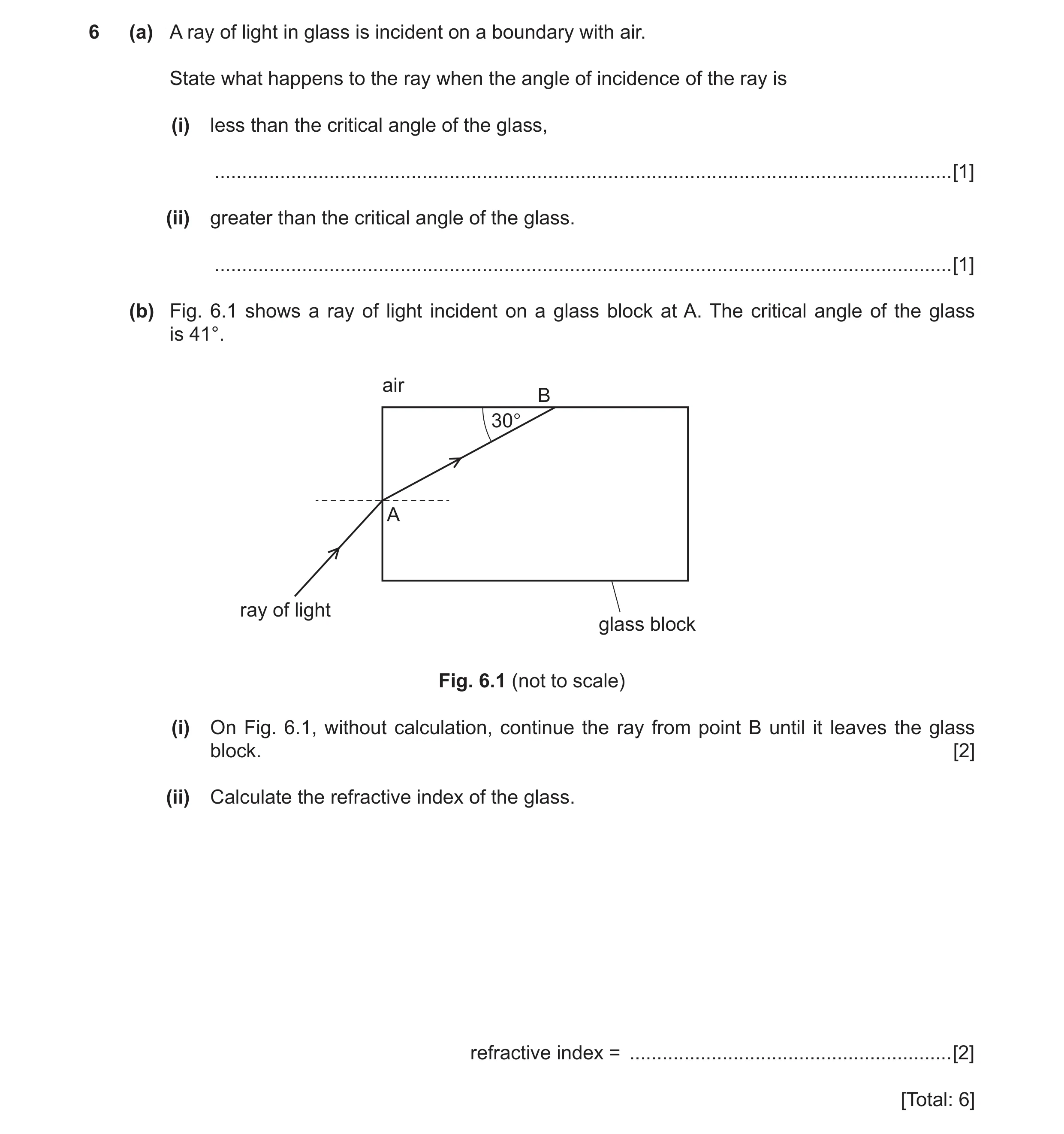Question 2: (a) A ray of light in glass is incident on a boundary with air. State what happens to the ray when the angle of incidence of the ray is (i)…