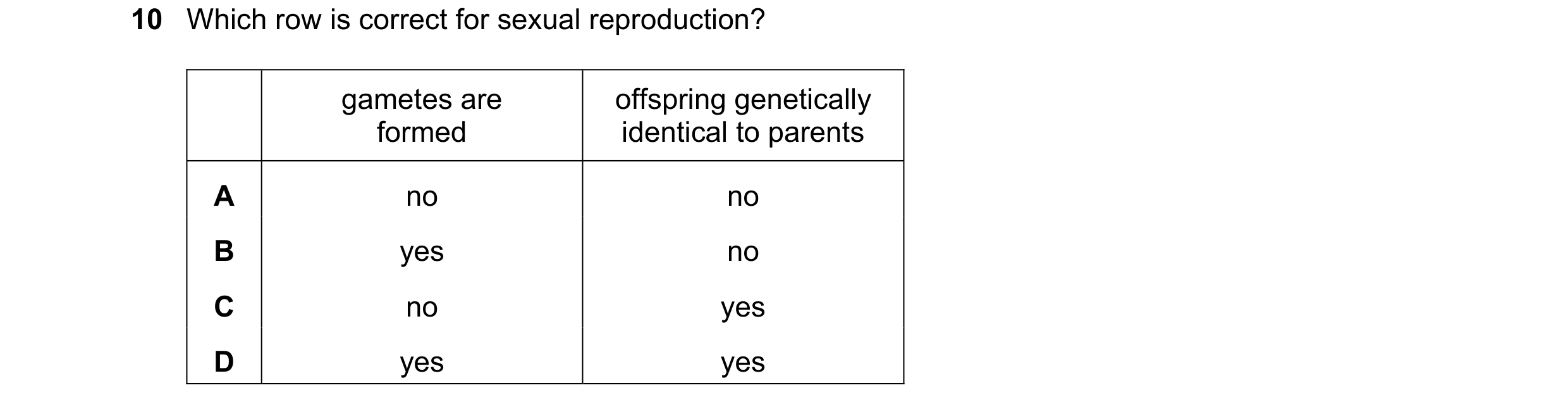 Question 39: Which row is correct for sexual reproduction? gametes are offspring genetically formed identical to parents A no no B yes no C no yes D yes…