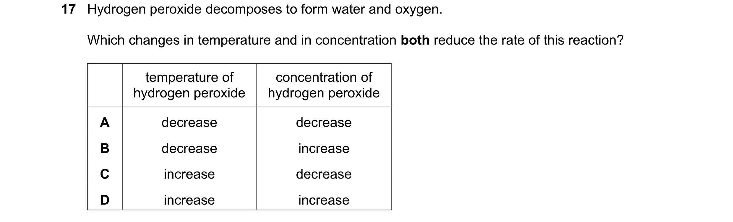 Question 31: Hydrogen peroxide decomposes to form water and oxygen. Which changes in temperature and in concentration both reduce the rate of this react…