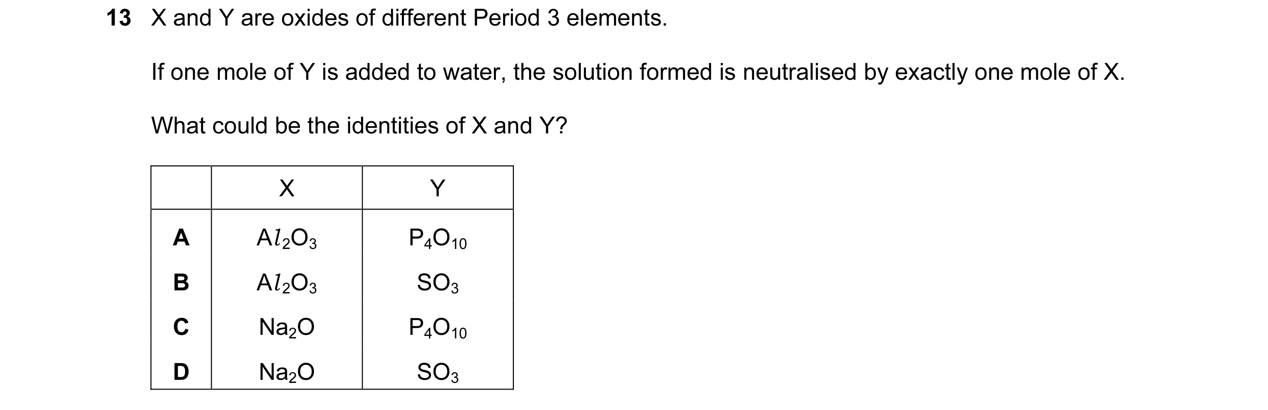 Question 44: X and Y are oxides of different Period 3 elements. If one mole of Y is added to water, the solution formed is neutralised by exactly one mo…