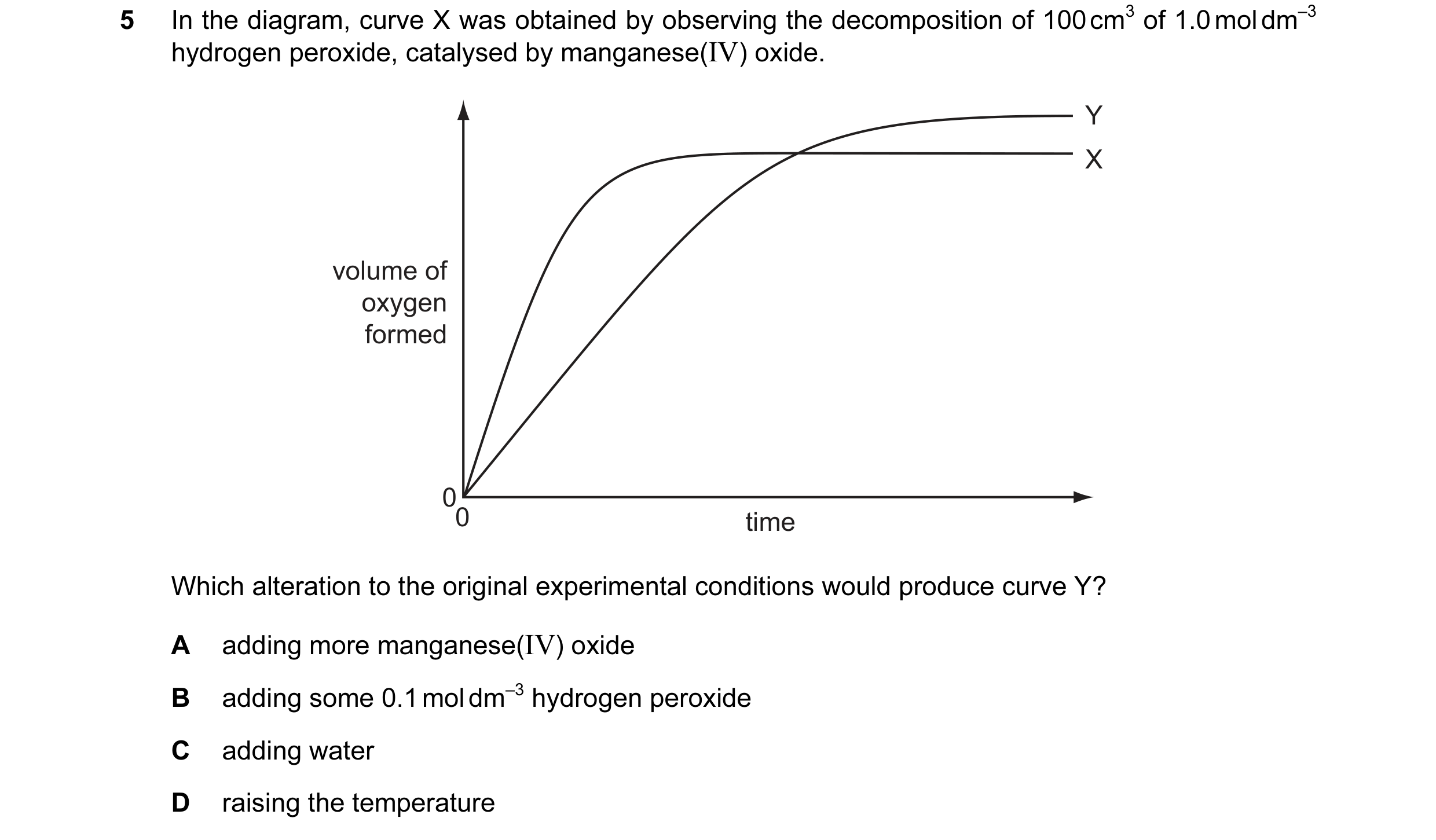 Question 19: In the diagram, curve X was obtained by observing the decomposition of 100 cm3 of 1.0 mol dm–3 hydrogen peroxide, catalysed by manganese(IV…