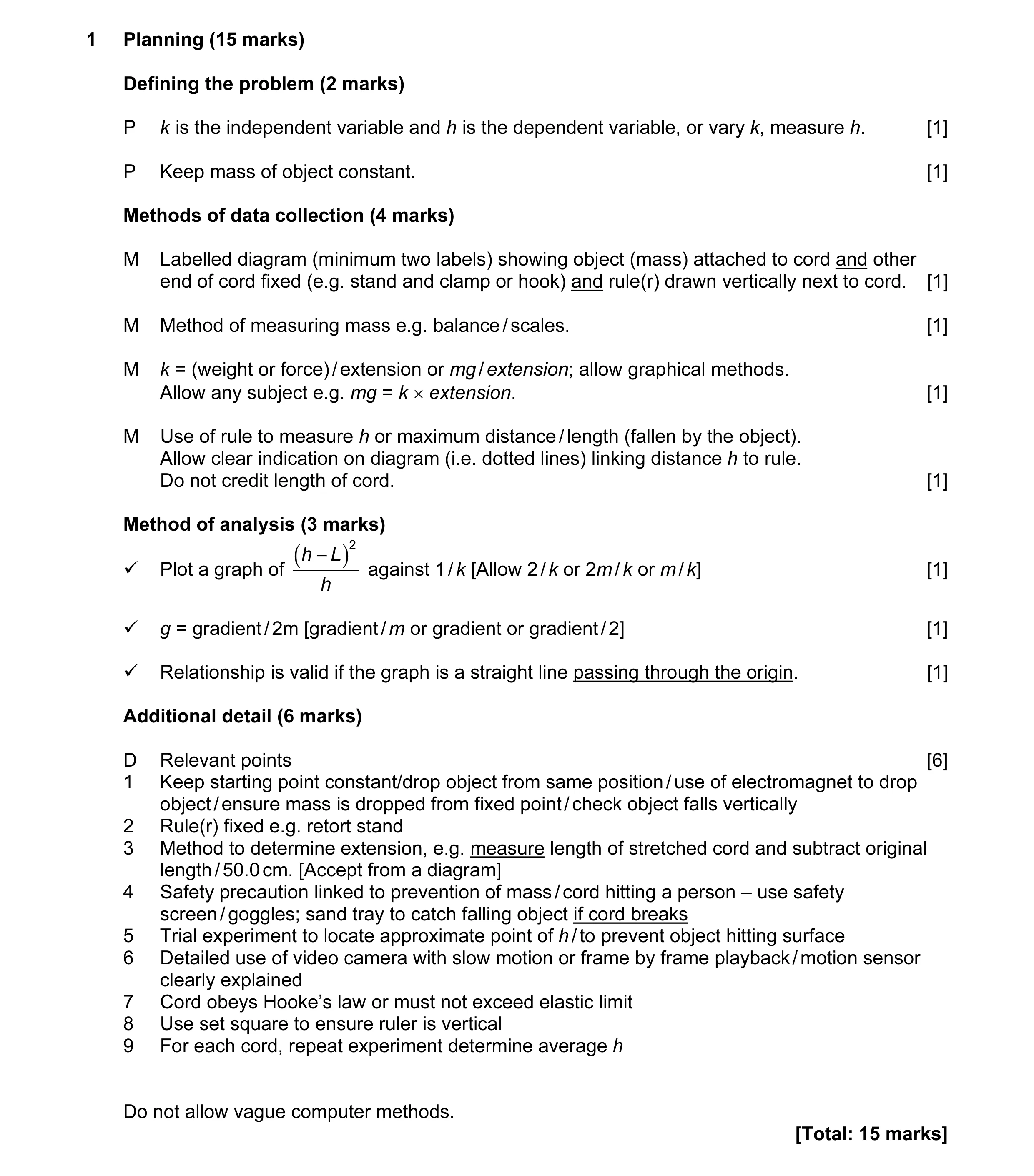Mark scheme for question 10