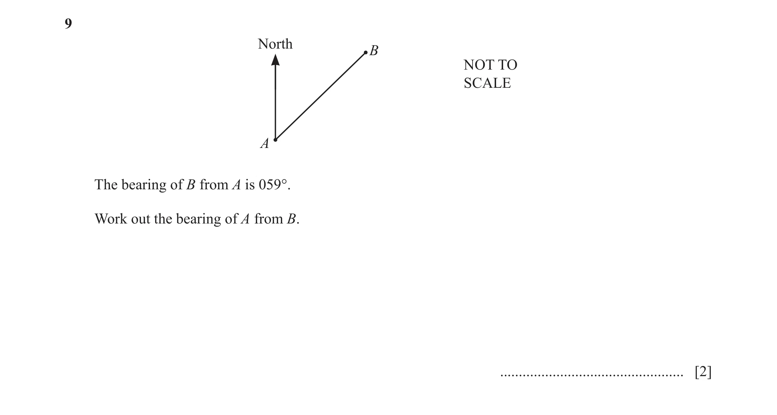 Question 54: North B NOT TO SCALE A The bearing of B from A is 059°. Work out the bearing of A from B. .................................................…
