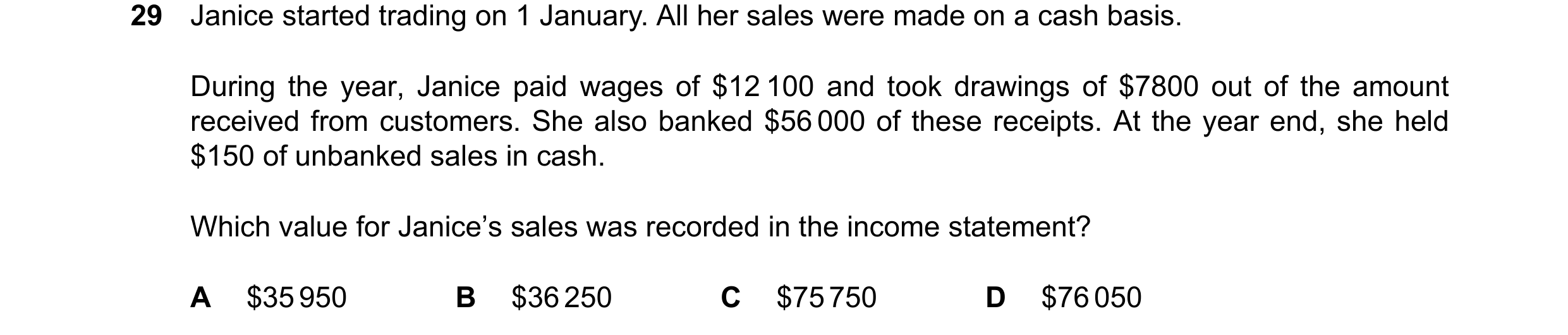 Question 15: Janice started trading on 1 January. All her sales were made on a cash basis. During the year, Janice paid wages of $12 100 and took drawin…