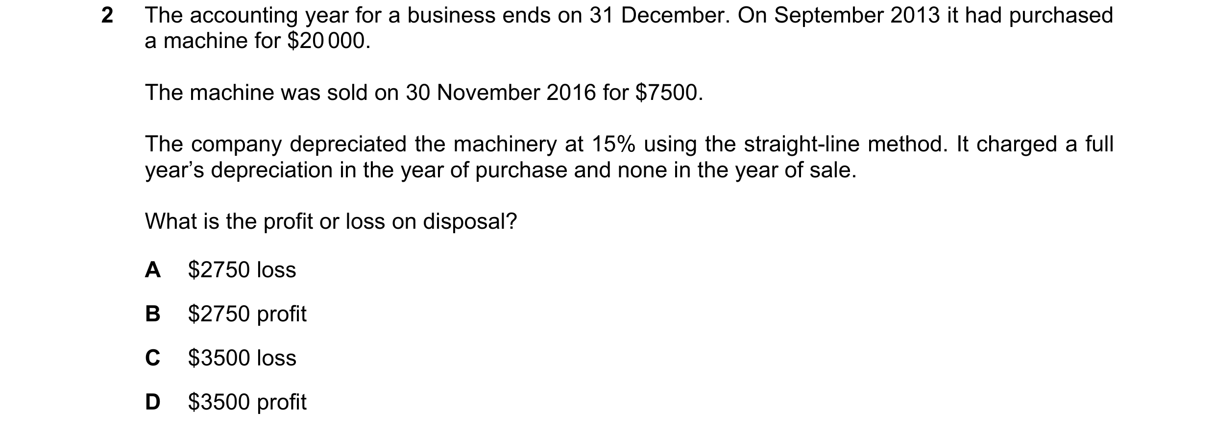 Question 141: The accounting year for a business ends on 31 December. On September 2013 it had purchased a machine for $20 000. The machine was sold on 3…