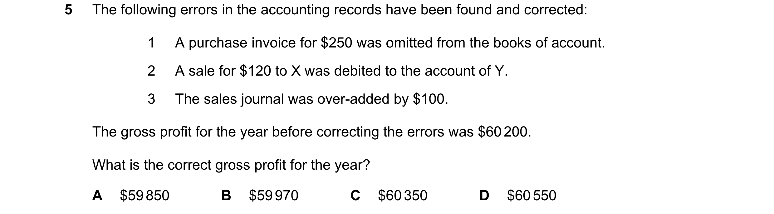 Question 209: The following errors in the accounting records have been found and corrected: 1 A purchase invoice for $250 was omitted from the books of a…