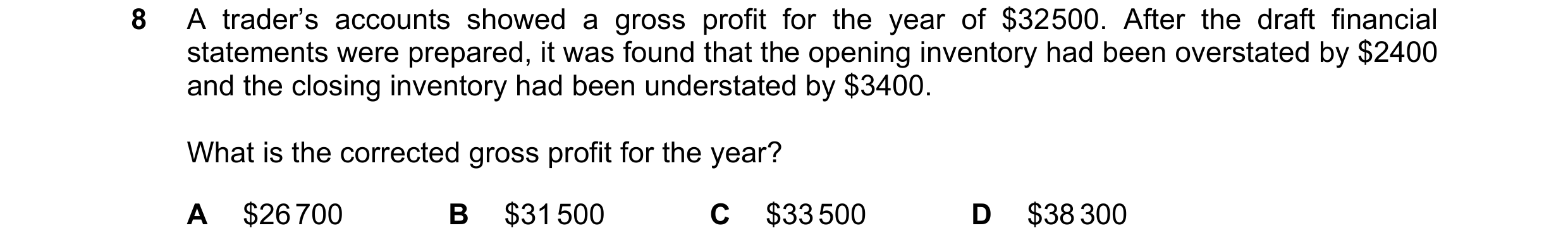 Question 565: A trader’s accounts showed a gross profit for the year of $32 500. After the draft financial statements were prepared, it was found that th…