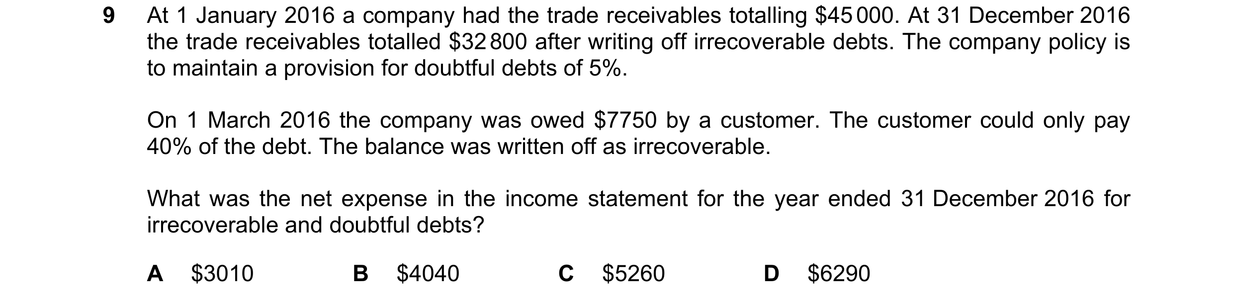 Question 566: At 1 January 2016 a company had the trade receivables totalling $45 000. At 31 December 2016 the trade receivables totalled $32 800 after w…
