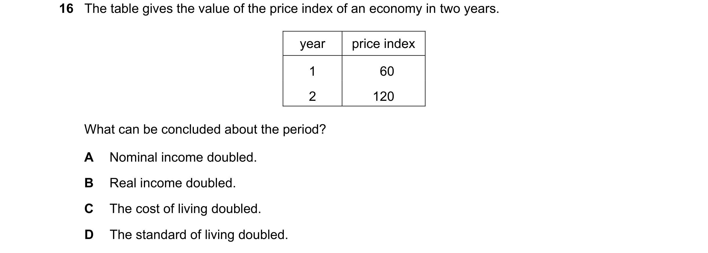 Question 48: The table gives the value of the price index of an economy in two years. year price index 1 60 2 120 What can be concluded about the period…