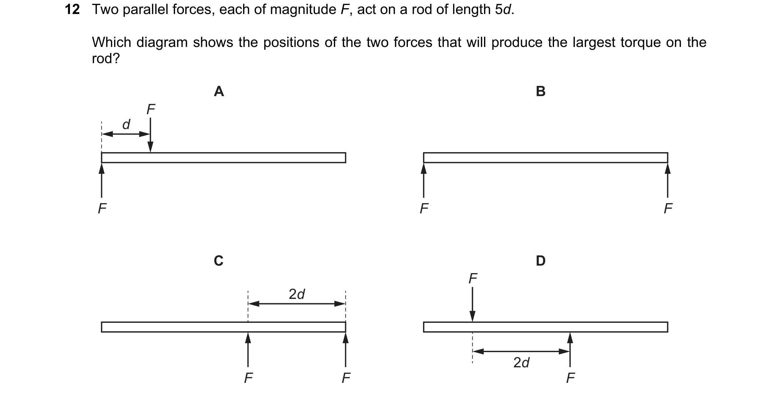 Question 74: Two parallel forces, each of magnitude F, act on a rod of length 5d. Which diagram shows the positions of the two forces that will produce …