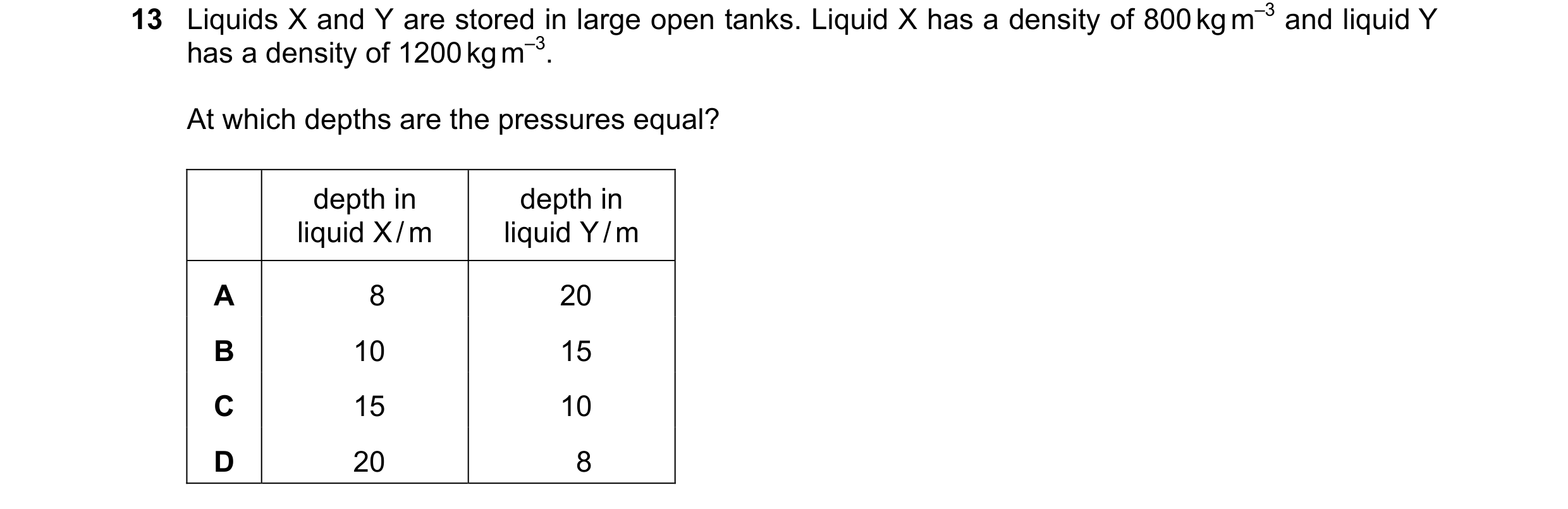Question 92: Liquids X and Y are stored in large open tanks. Liquid X has a density of 800 kg m–3 and liquid Y has a density of 1200 kg m–3. At which de…