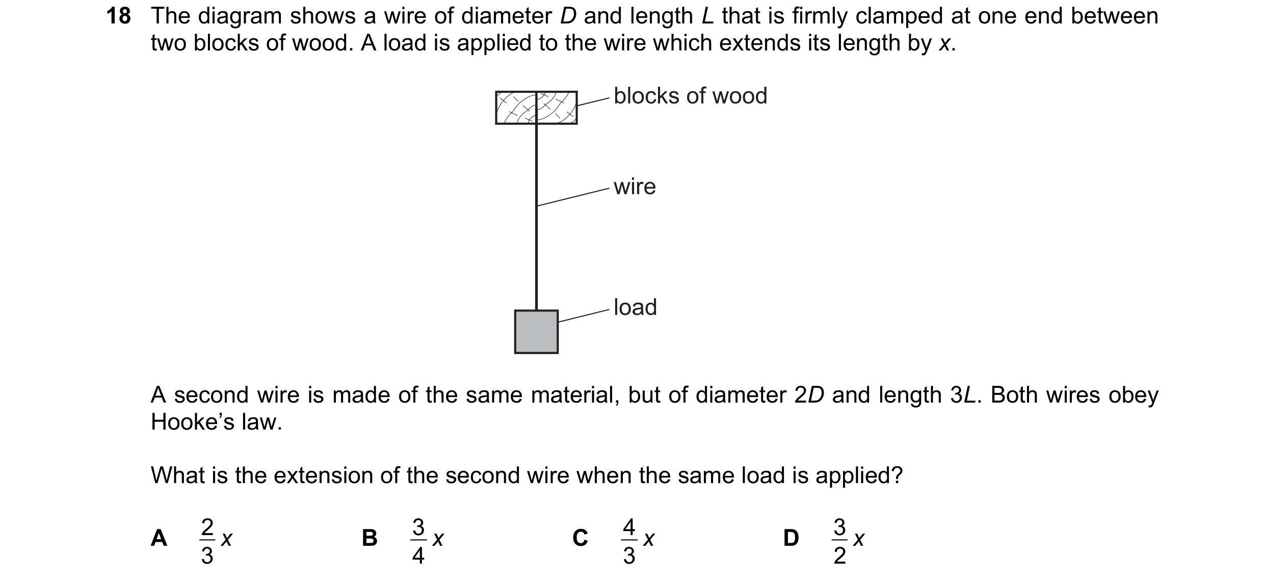 Question 81: The diagram shows a wire of diameter D and length L that is firmly clamped at one end between two blocks of wood. A load is applied to the …