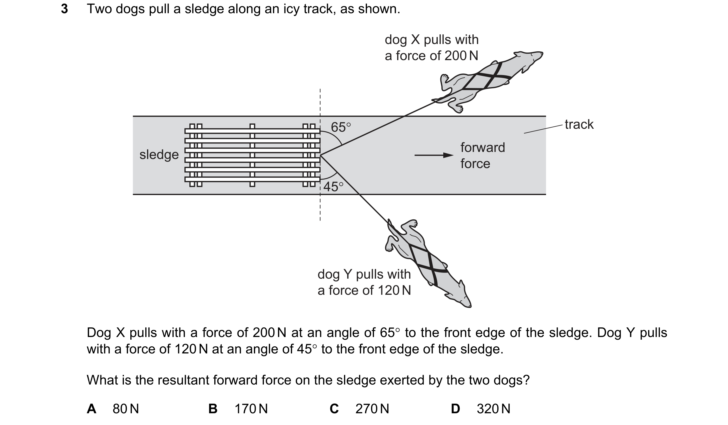 Question 72: Two dogs pull a sledge along an icy track, as shown. dog X pulls with a force of 200 N 65° track forward sledge force 45° dog Y pulls with …