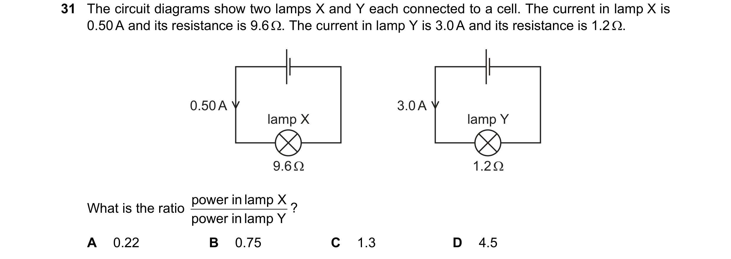 Question 104: The circuit diagrams show two lamps X and Y each connected to a cell. The current in lamp X is 0.50 A and its resistance is 9.6 Ω. The curr…
