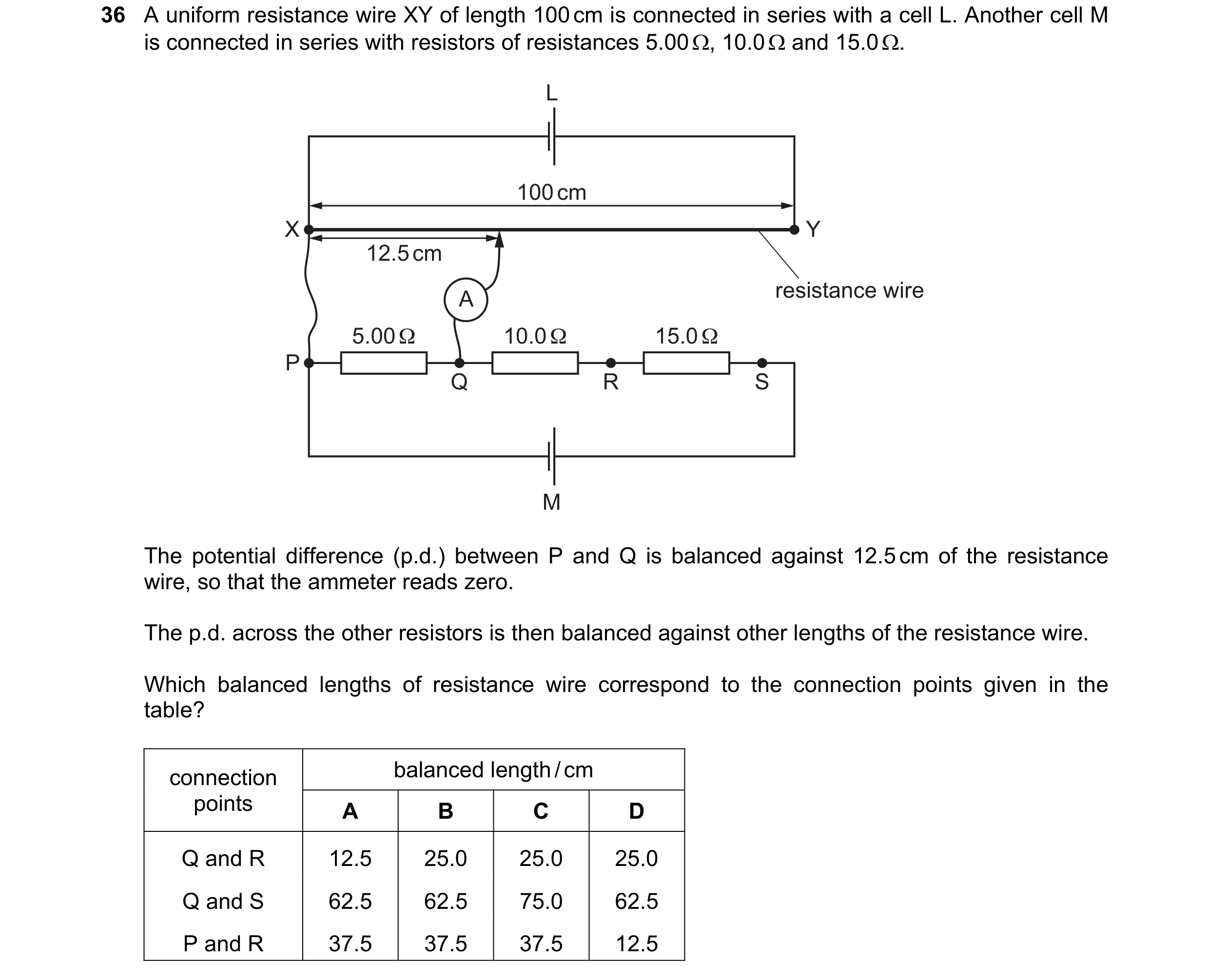Question 68: A uniform resistance wire XY of length 100 cm is connected in series with a cell L. Another cell M is connected in series with resistors of…