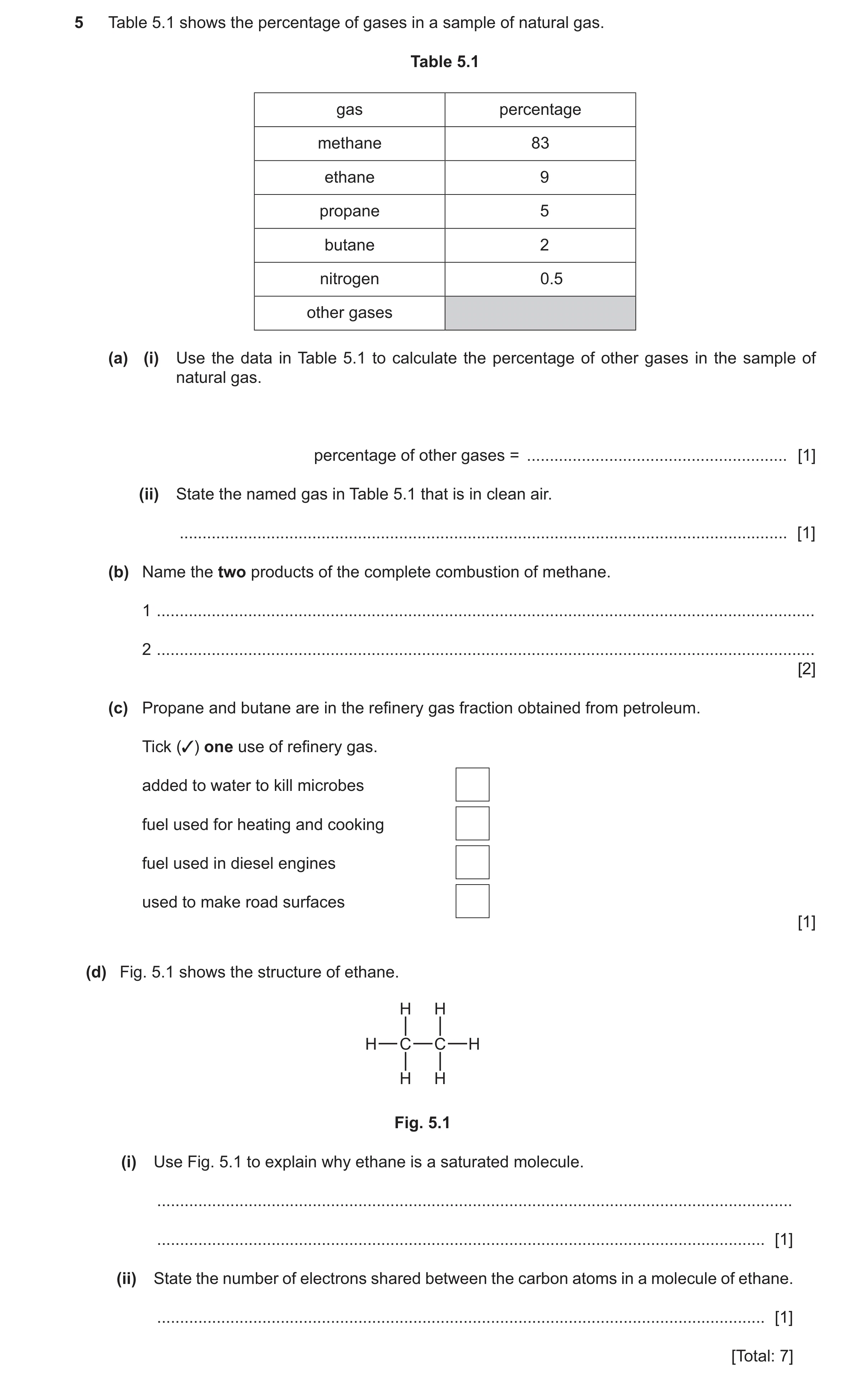 Question 25: Table 5.1 shows the percentage of gases in a sample of natural gas. Table 5.1 gas percentage methane 83 ethane 9 propane 5 butane 2 nitroge…