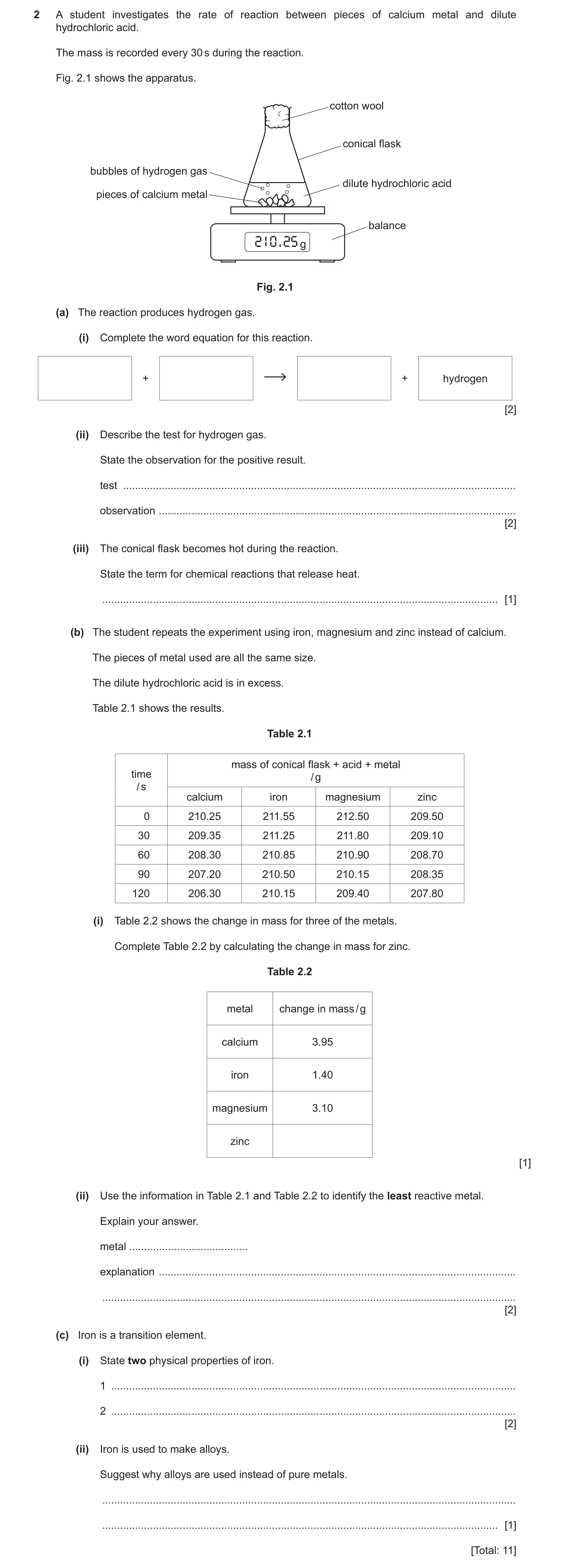 Question 21: A student investigates the rate of reaction between pieces of calcium metal and dilute hydrochloric acid. The mass is recorded every 30 s d…