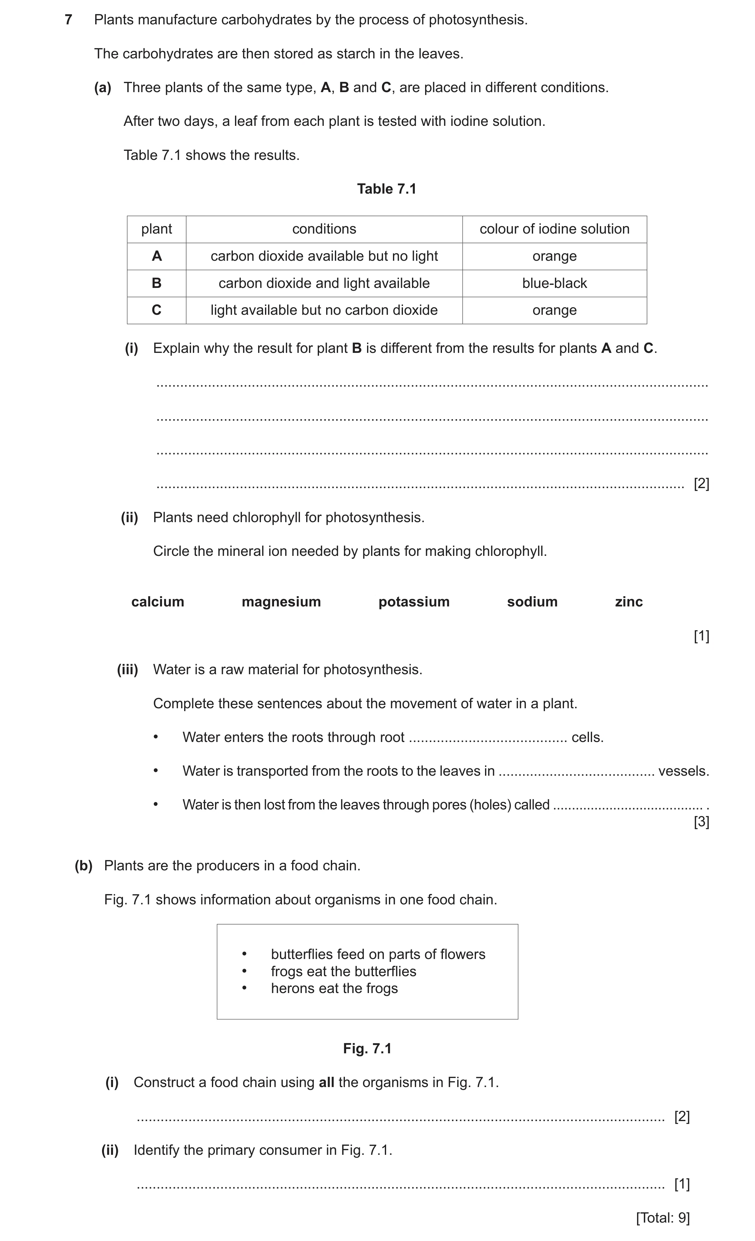 Question 28: Plants manufacture carbohydrates by the process of photosynthesis. The carbohydrates are then stored as starch in the leaves. (a) Three pla…
