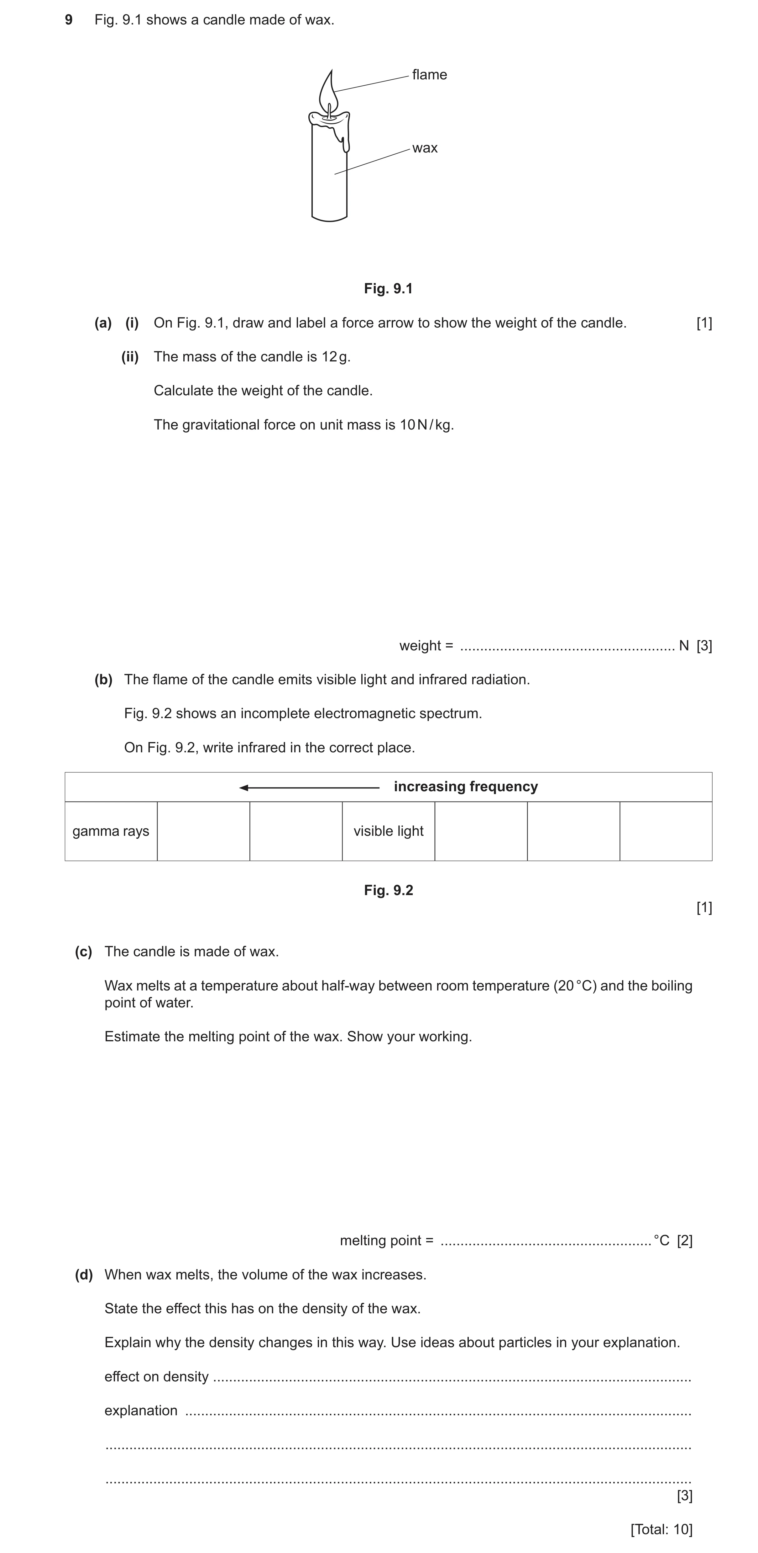 Question 16: Fig. 9.1 shows a candle made of wax. flame wax Fig. 9.1 (a) (i) On Fig. 9.1, draw and label a force arrow to show the weight of the candle.…