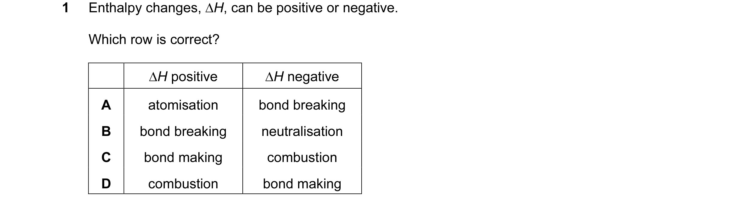 Question 100: Enthalpy changes, ∆H, can be positive or negative. Which row is correct? ∆H positive ∆H negative A atomisation bond breaking B bond breakin…