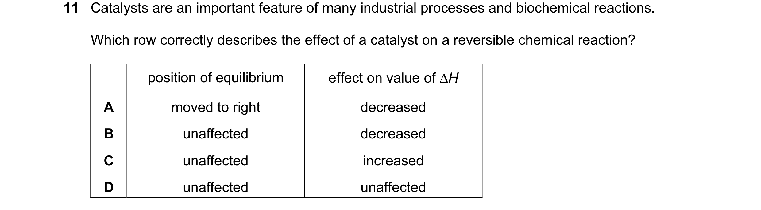 Question 83: Catalysts are an important feature of many industrial processes and biochemical reactions. Which row correctly describes the effect of a ca…