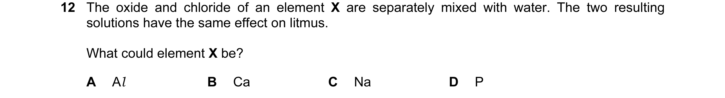 Question 62: The oxide and chloride of an element X are separately mixed with water. The two resulting solutions have the same effect on litmus. What co…