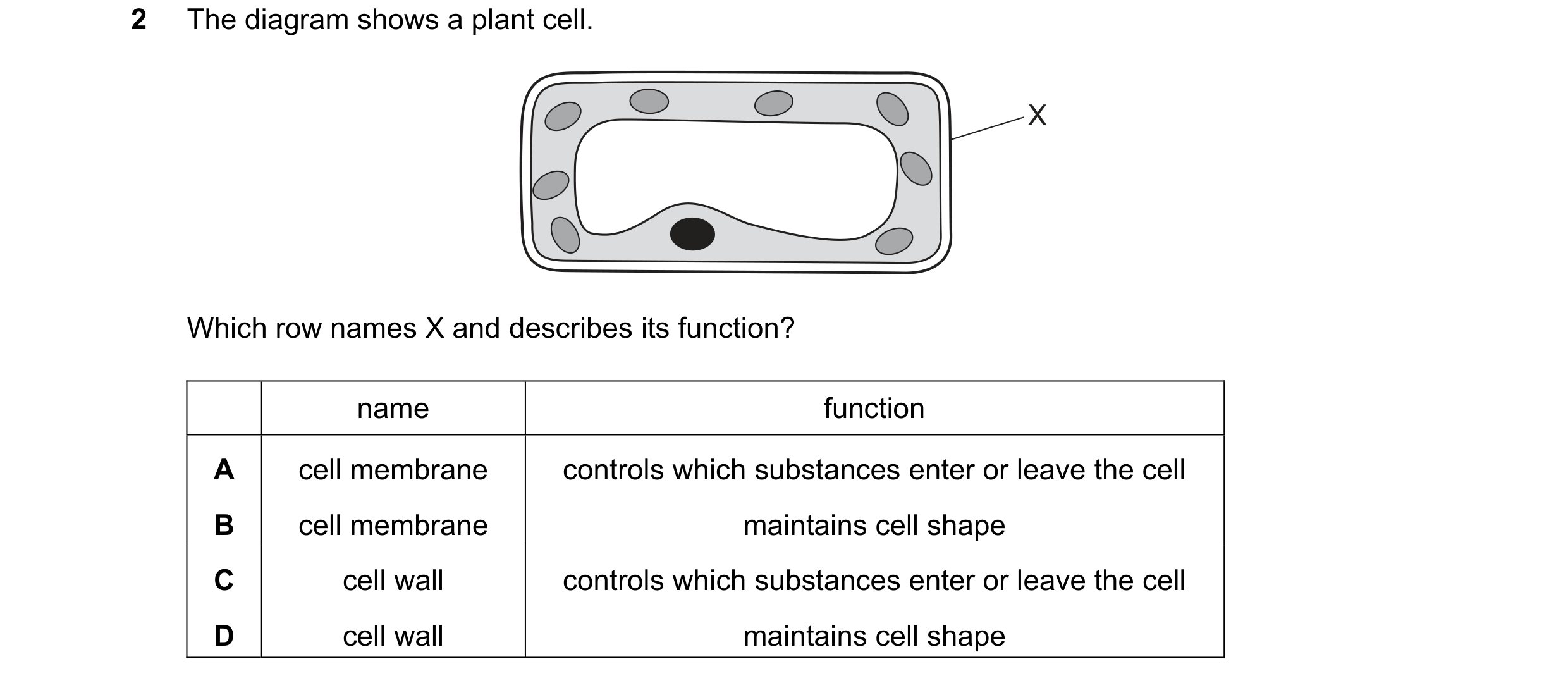 Question 60: The diagram shows a plant cell. X Which row names X and describes its function? name function A cell membrane controls which substances ent…