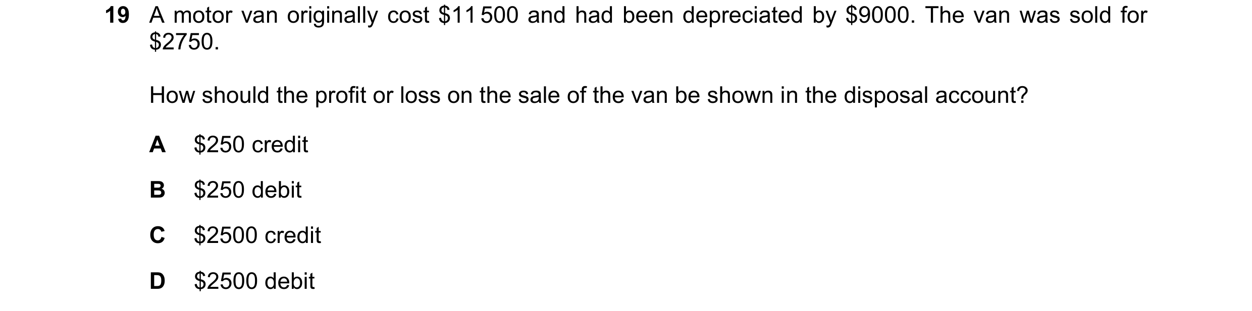 Question 59: A motor van originally cost $11 500 and had been depreciated by $9000. The van was sold for $2750. How should the profit or loss on the sal…