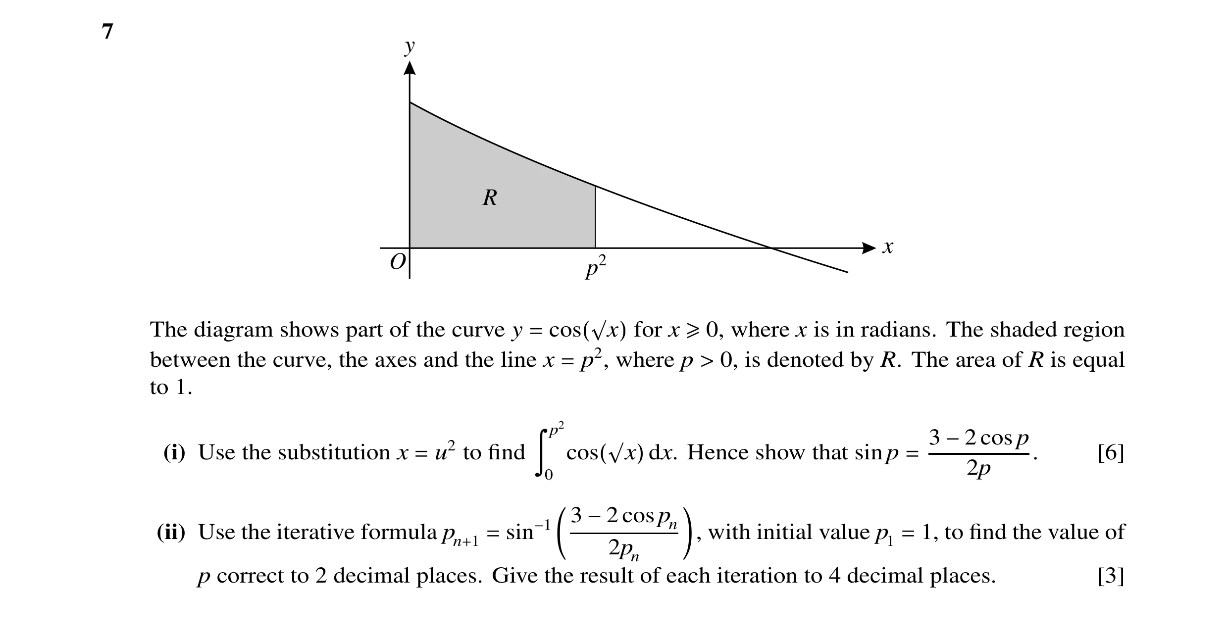 Question 23: y R x O p2 The diagram shows part of the curve y for x where x is in radians. The shaded region = cos(√x) ≥0, between the curve, the axes a…