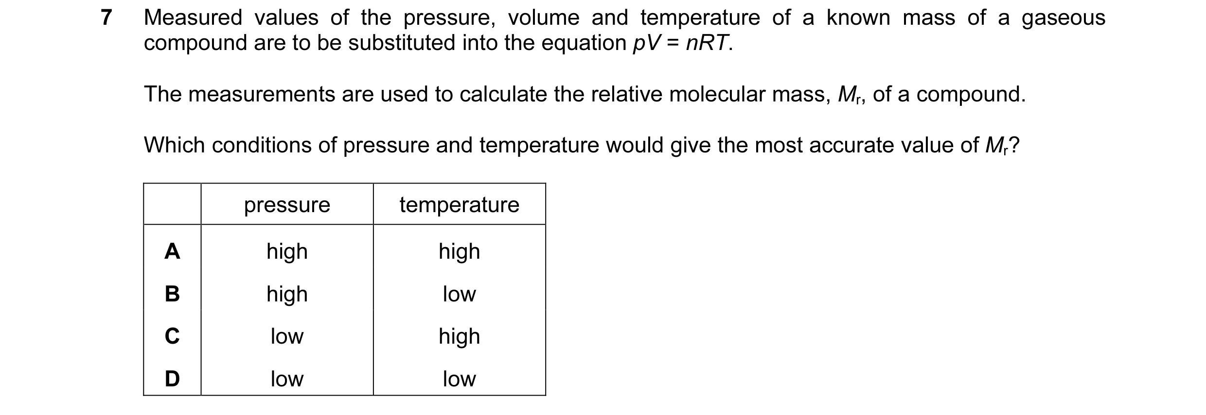 Question 40: Measured values of the pressure, volume and temperature of a known mass of a gaseous compound are to be substituted into the equation pV = …