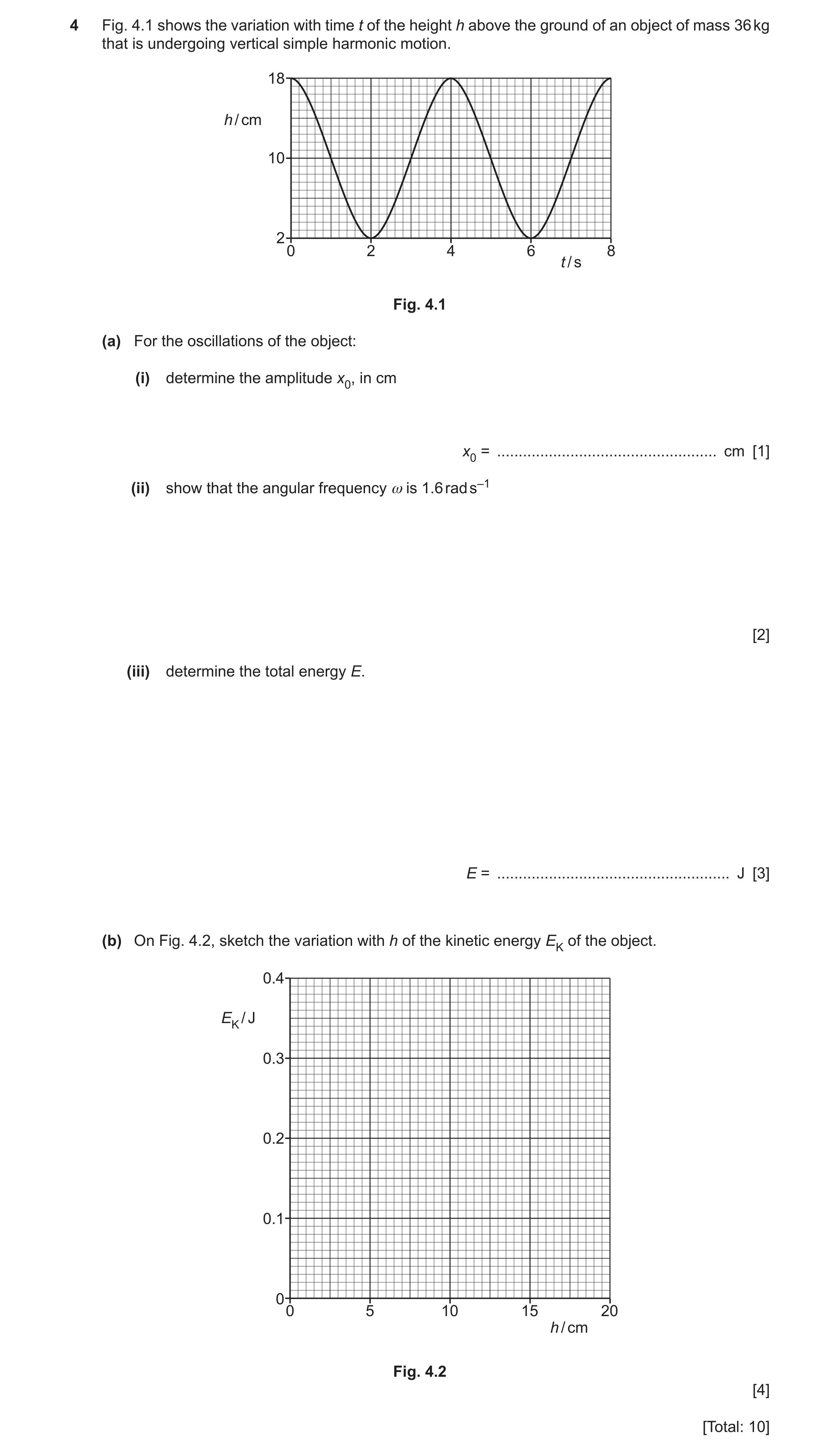 Question 40: Fig. 4.1 shows the variation with time t of the height h above the ground of an object of mass 36 kg that is undergoing vertical simple har…