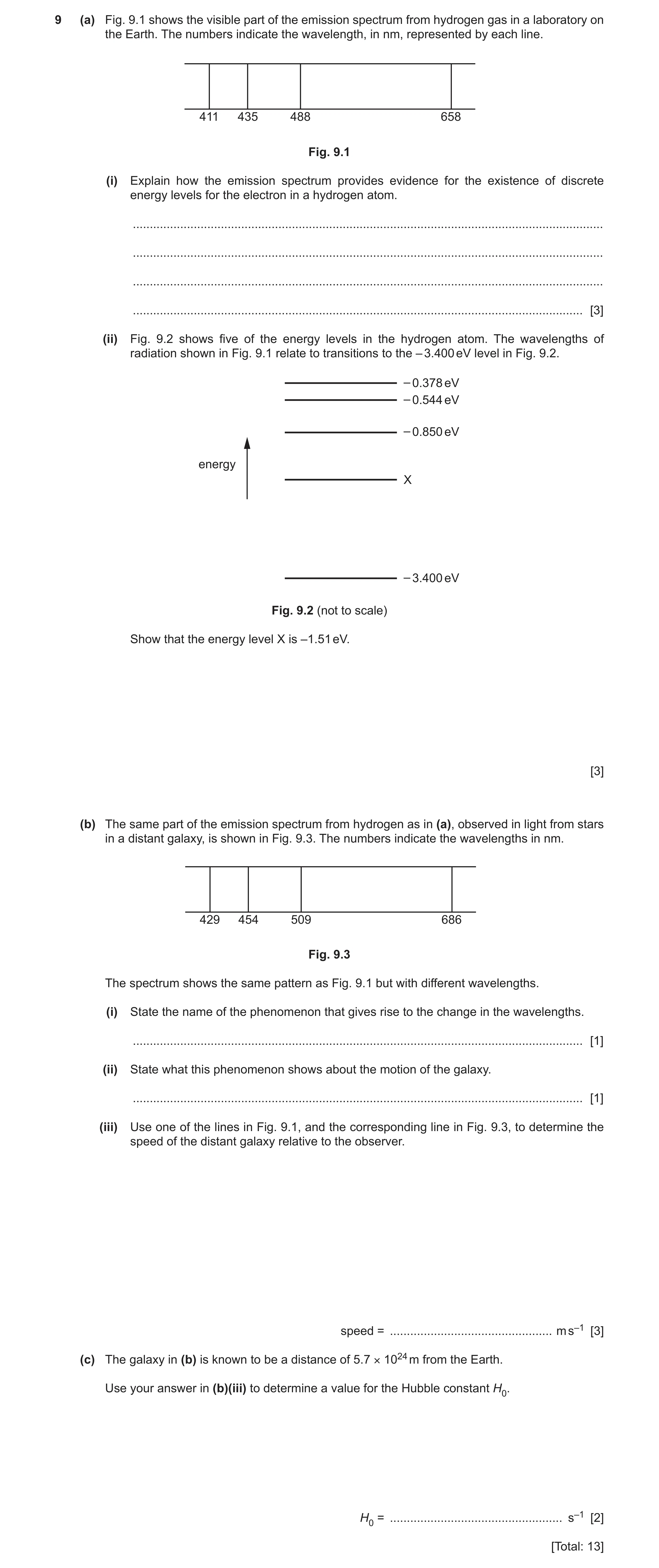Question 10: (a) Fig. 9.1 shows the visible part of the emission spectrum from hydrogen gas in a laboratory on the Earth. The numbers indicate the wavel…