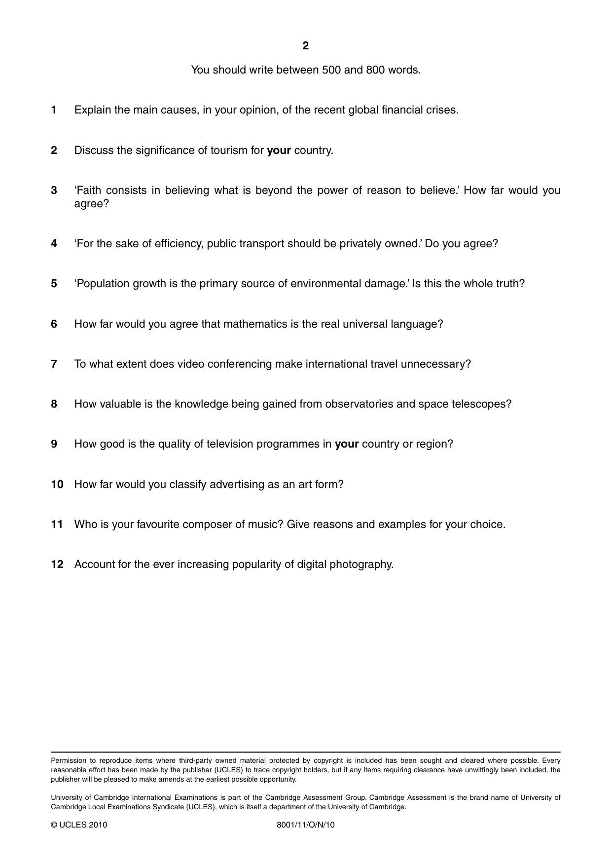 Cambridge A Level General Paper (AS Level only) 8001 2010 Oct/Nov Paper 1 · Variant 1 question paper, page 2 of 2