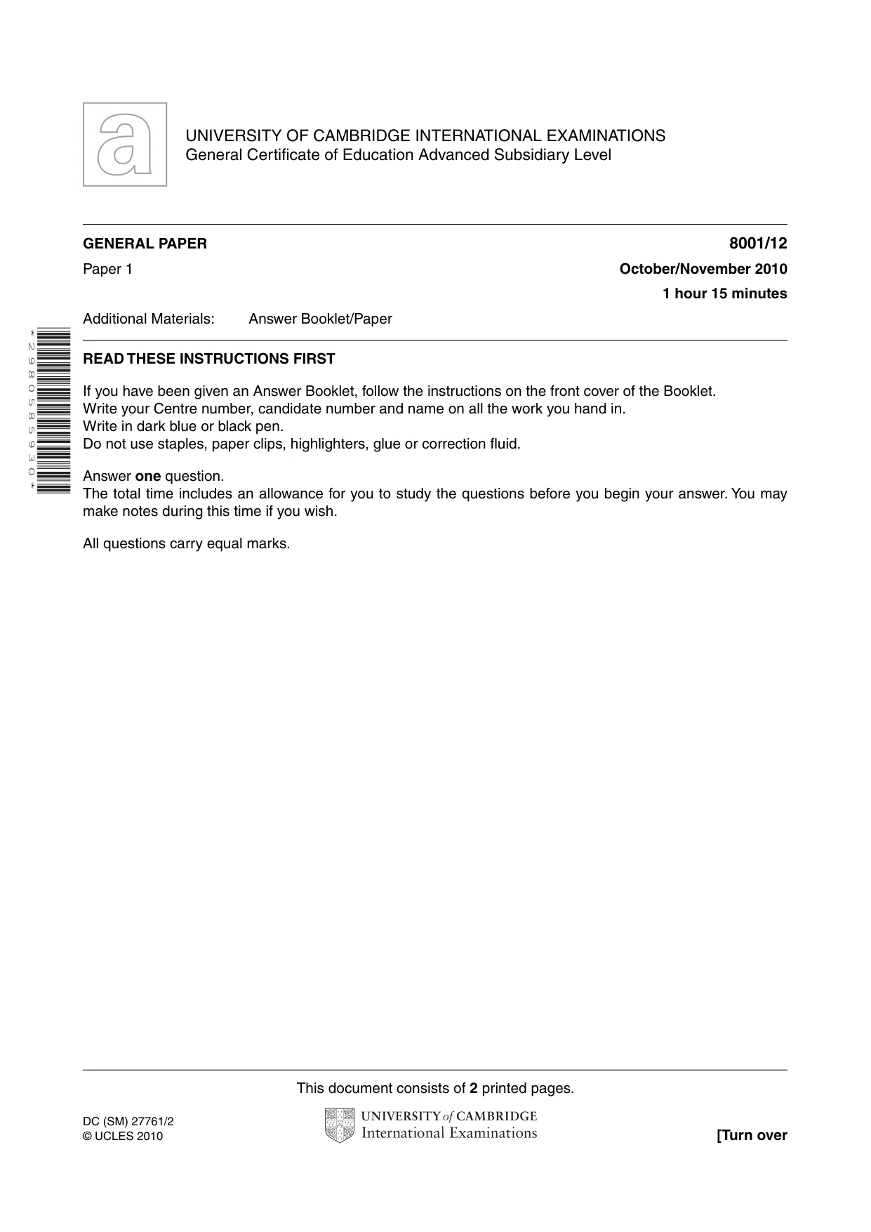 Cambridge A Level General Paper (AS Level only) 8001 2010 Oct/Nov Paper 1 · Variant 2 question paper, page 1 of 2