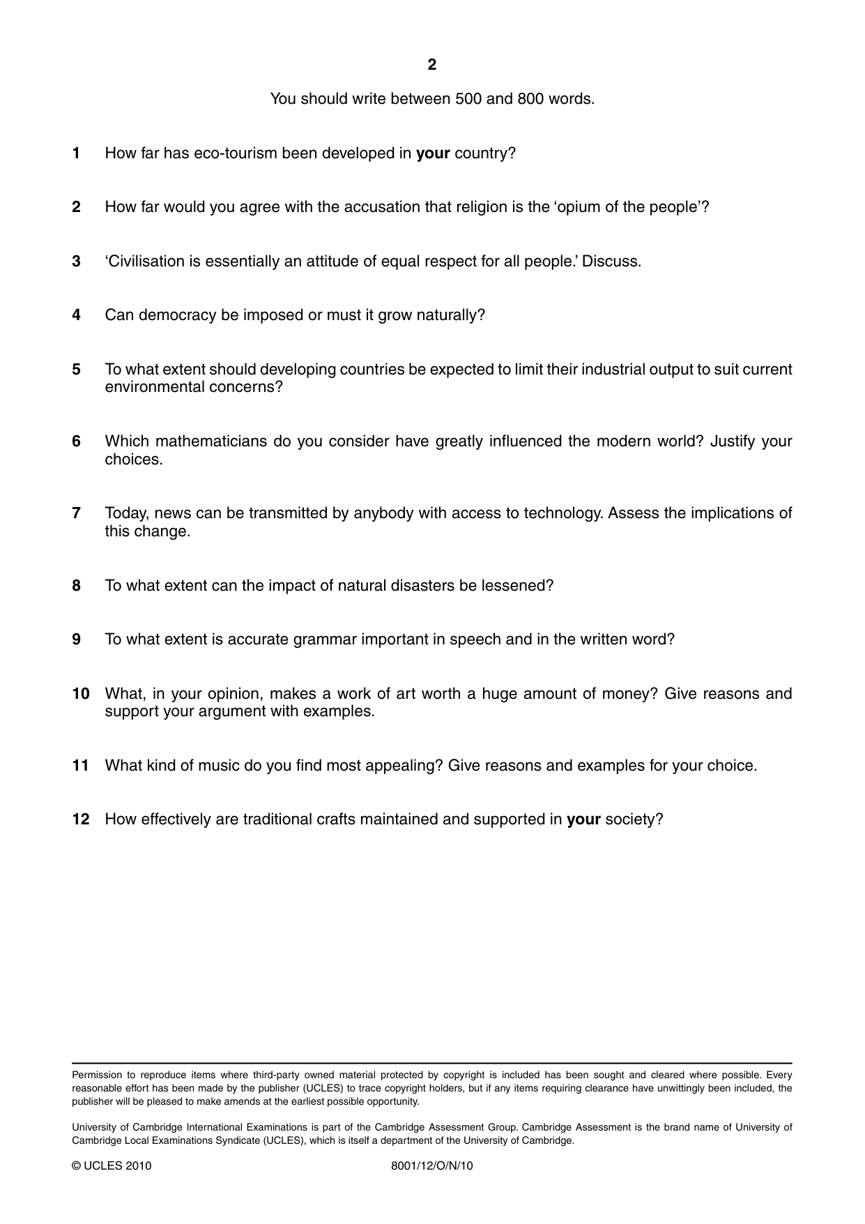 Cambridge A Level General Paper (AS Level only) 8001 2010 Oct/Nov Paper 1 · Variant 2 question paper, page 2 of 2