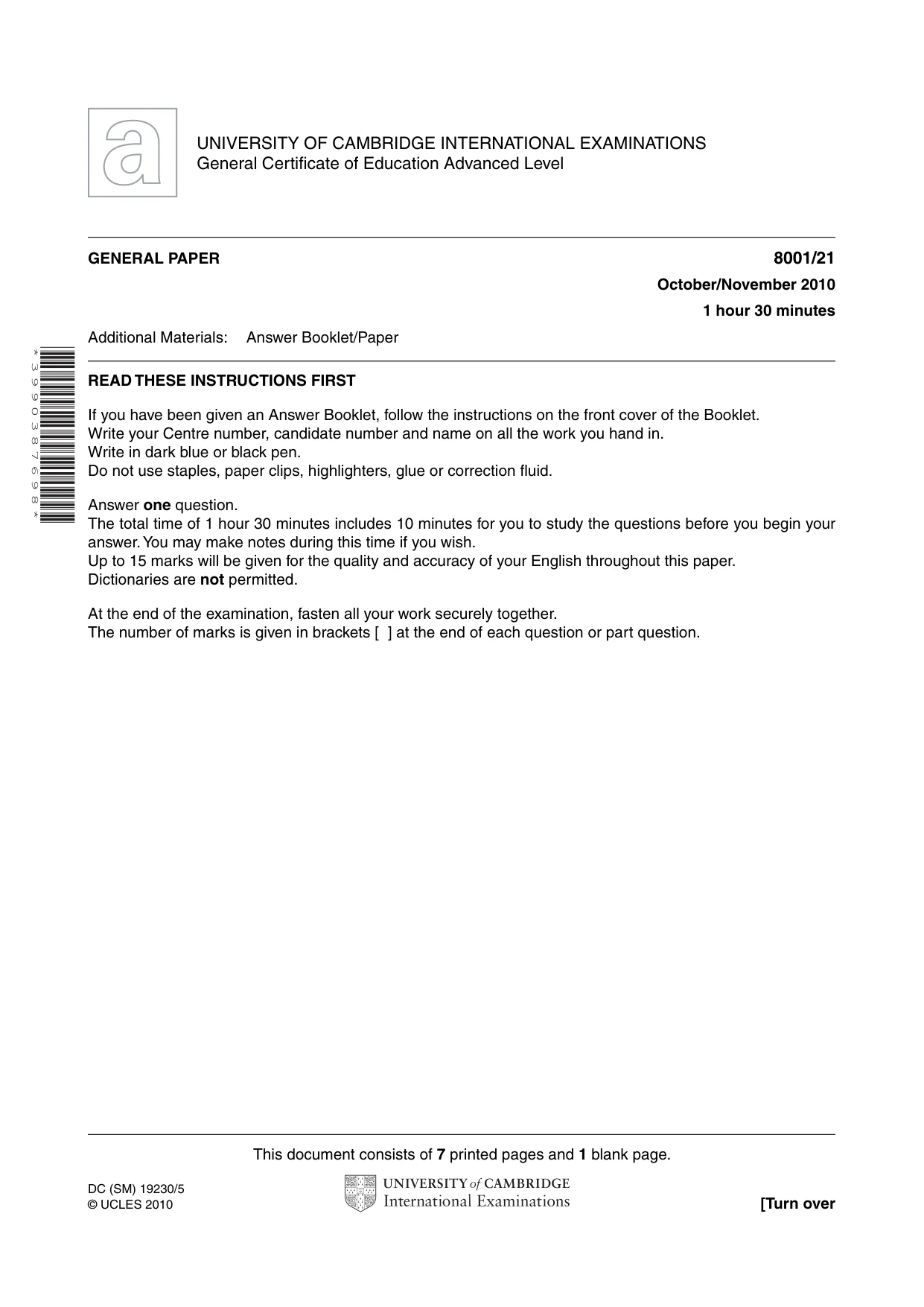 Cambridge A Level General Paper (AS Level only) 8001 2010 Oct/Nov Paper 2 · Variant 1 question paper, page 1 of 8