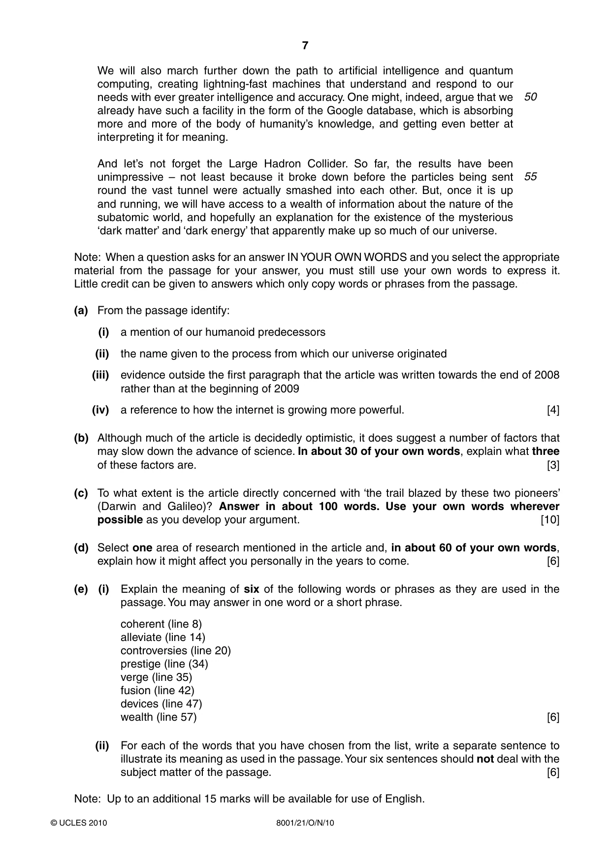 Cambridge A Level General Paper (AS Level only) 8001 2010 Oct/Nov Paper 2 · Variant 1 question paper, page 7 of 8