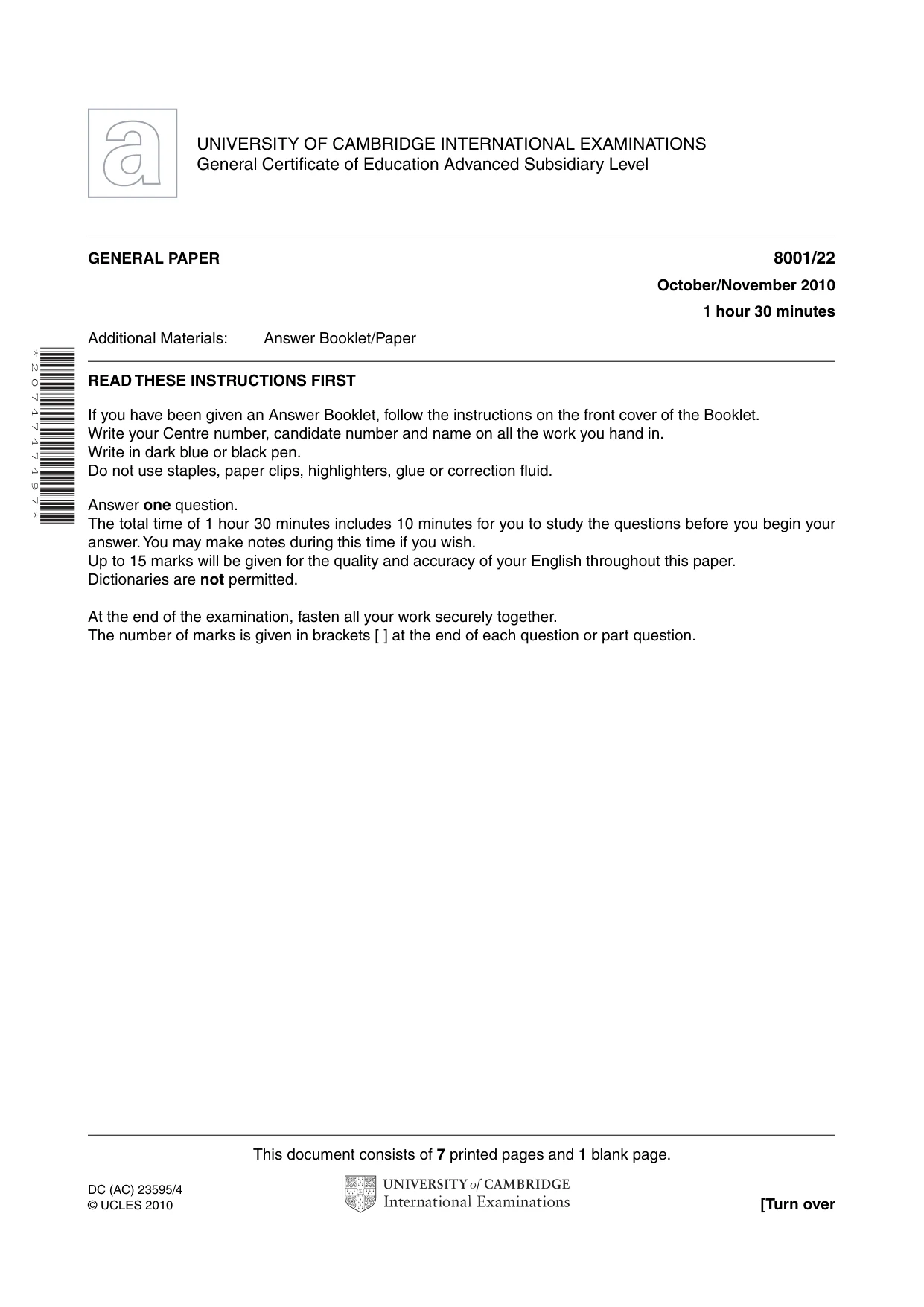 Cambridge A Level General Paper (AS Level only) 8001 2010 Oct/Nov Paper 2 · Variant 2 question paper, page 1 of 8