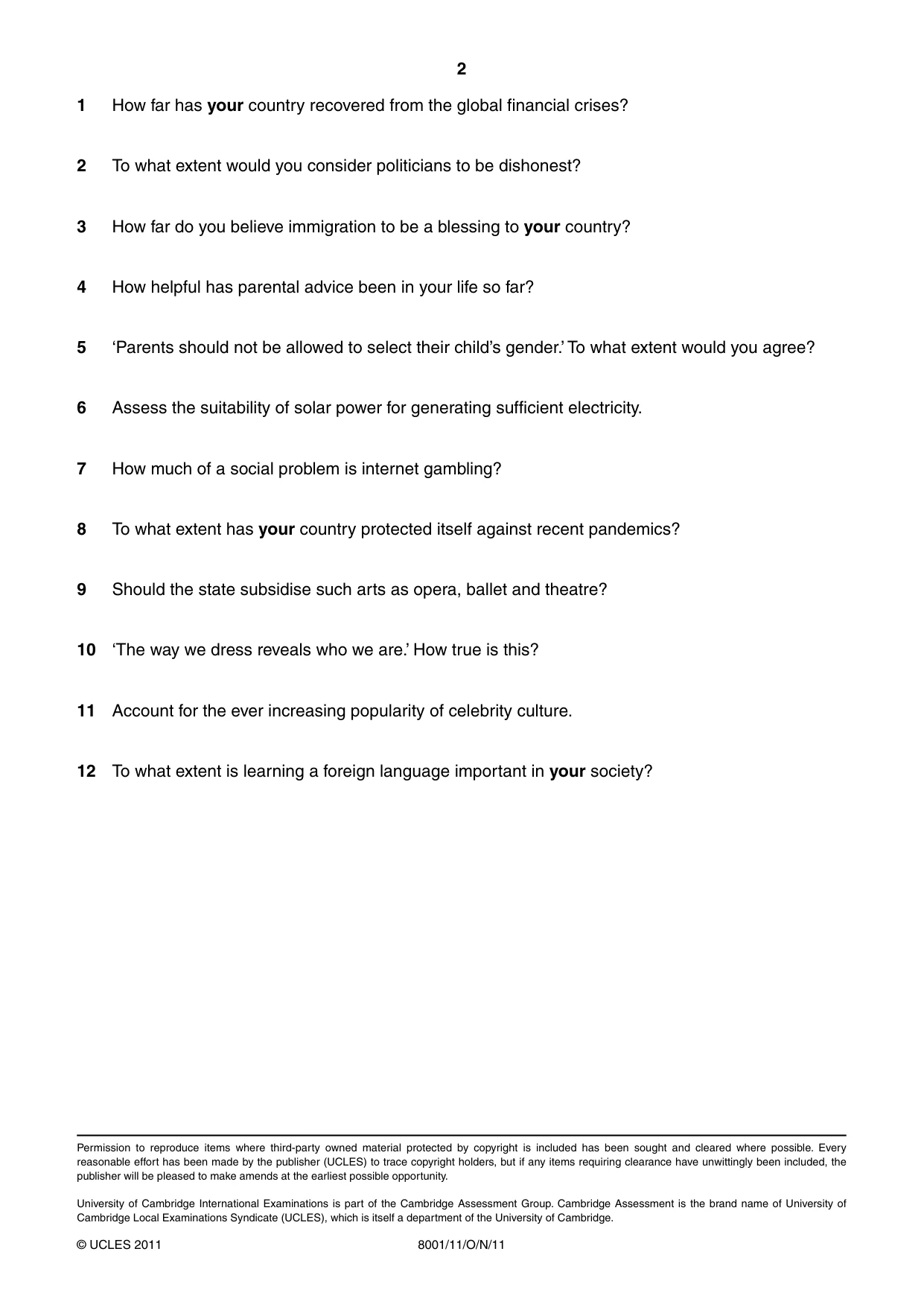 Cambridge A Level General Paper (AS Level only) 8001 2011 Oct/Nov Paper 1 · Variant 1 question paper, page 2 of 2