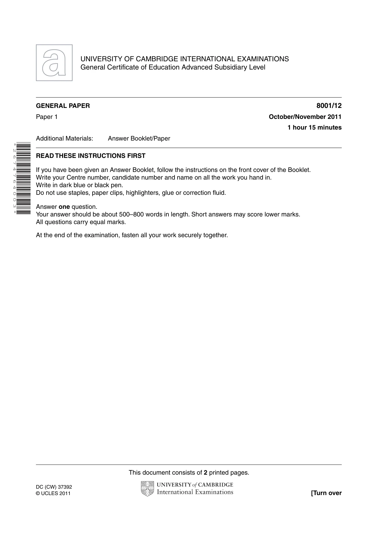 Cambridge A Level General Paper (AS Level only) 8001 2011 Oct/Nov Paper 1 · Variant 2 question paper, page 1 of 2