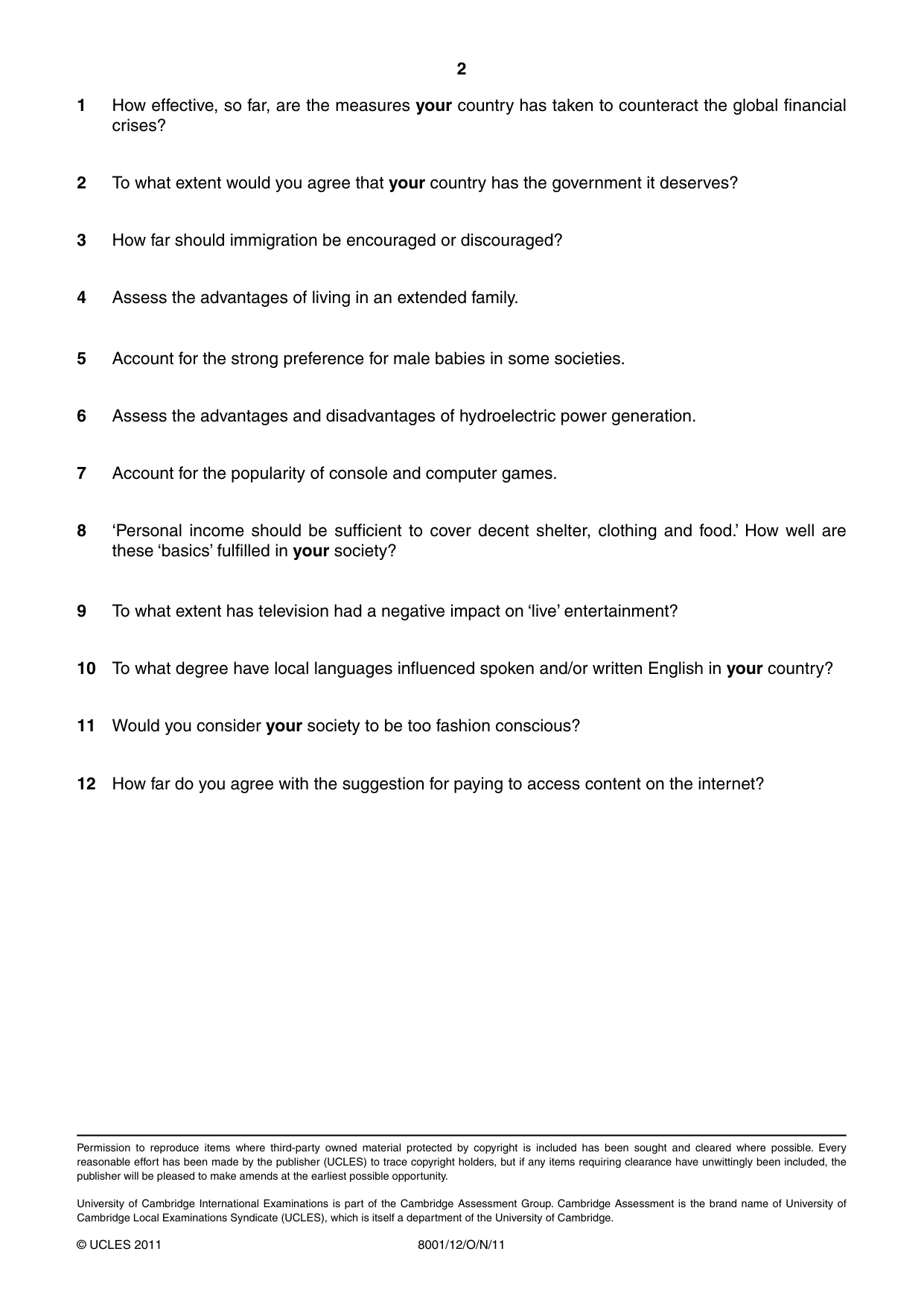 Cambridge A Level General Paper (AS Level only) 8001 2011 Oct/Nov Paper 1 · Variant 2 question paper, page 2 of 2