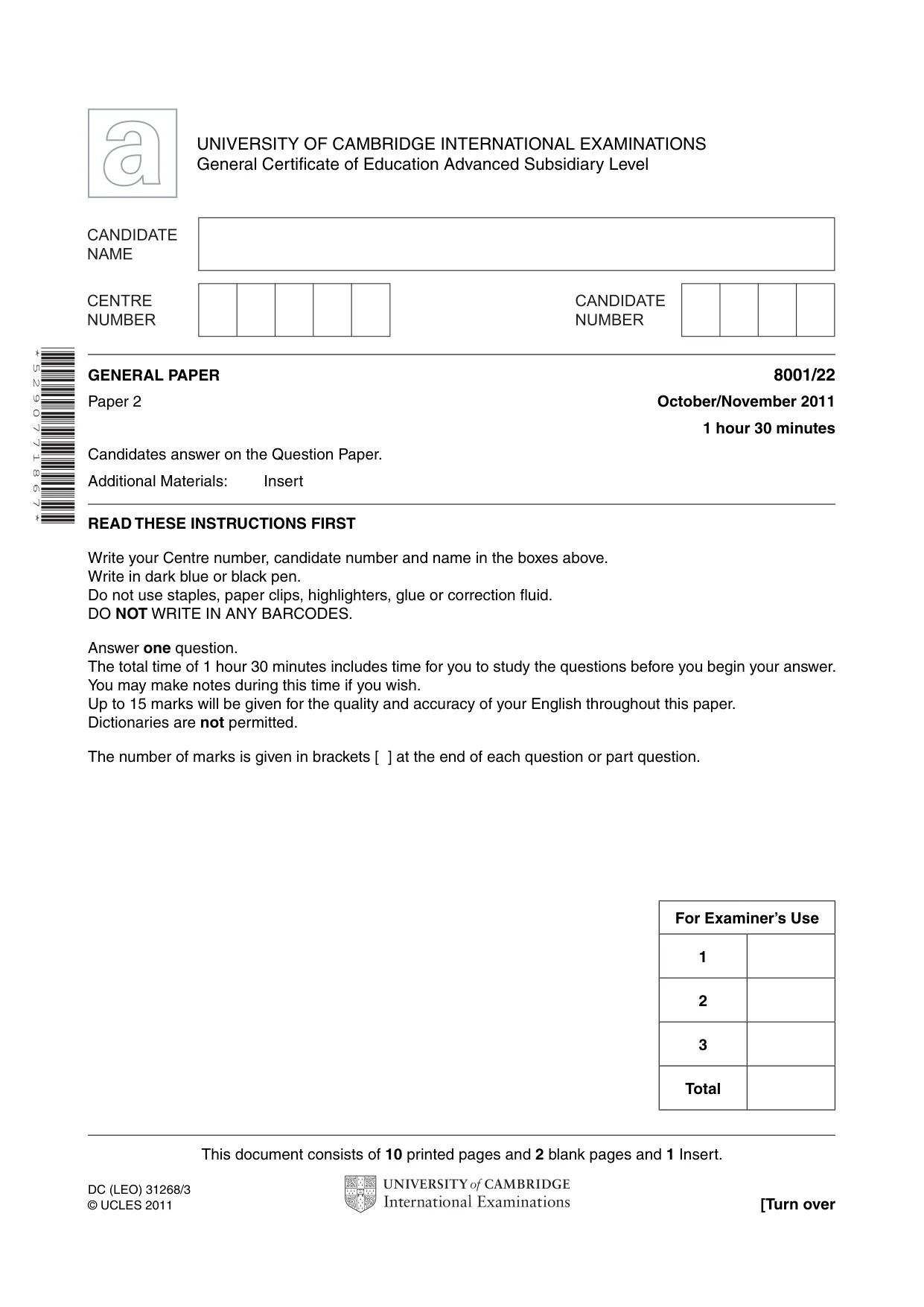 Cambridge A Level General Paper (AS Level only) 8001 2011 Oct/Nov Paper 2 · Variant 2 question paper, page 1 of 12