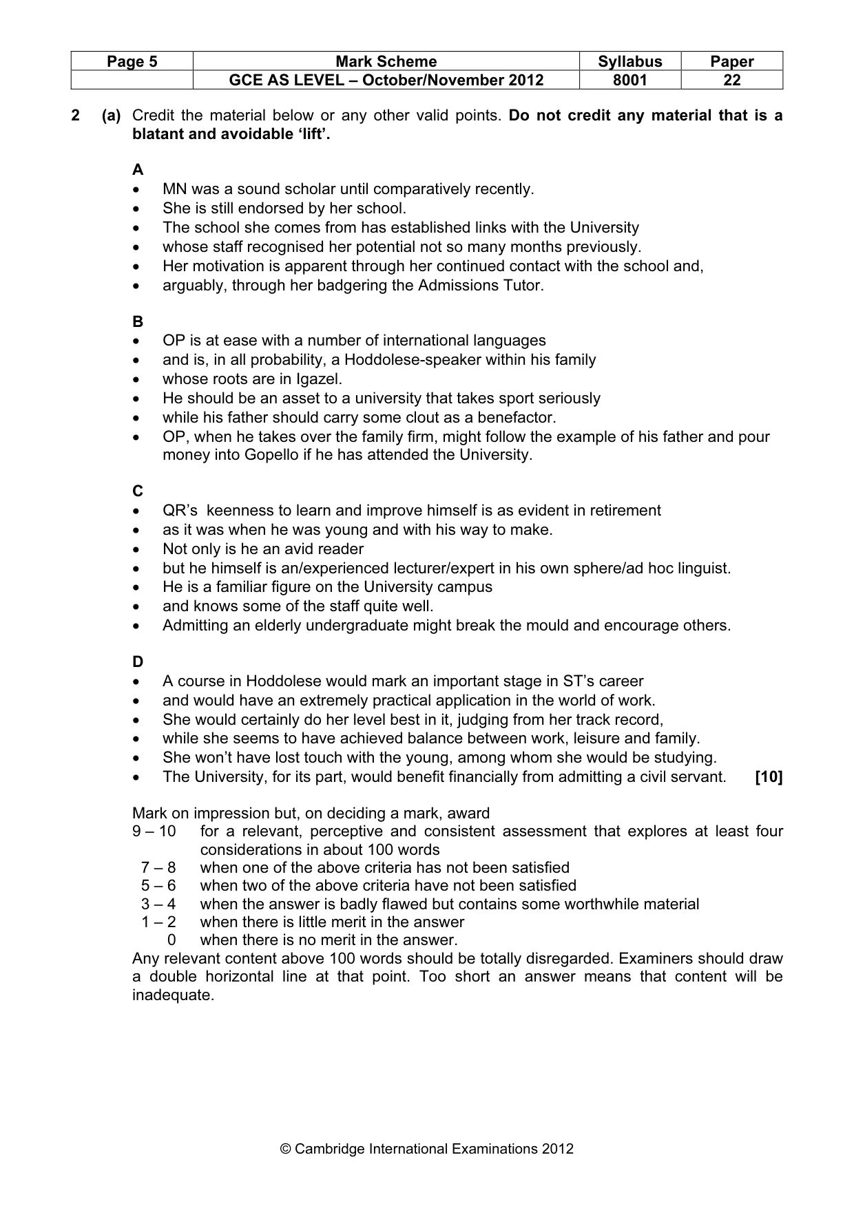 Mark scheme, page 5 of 9